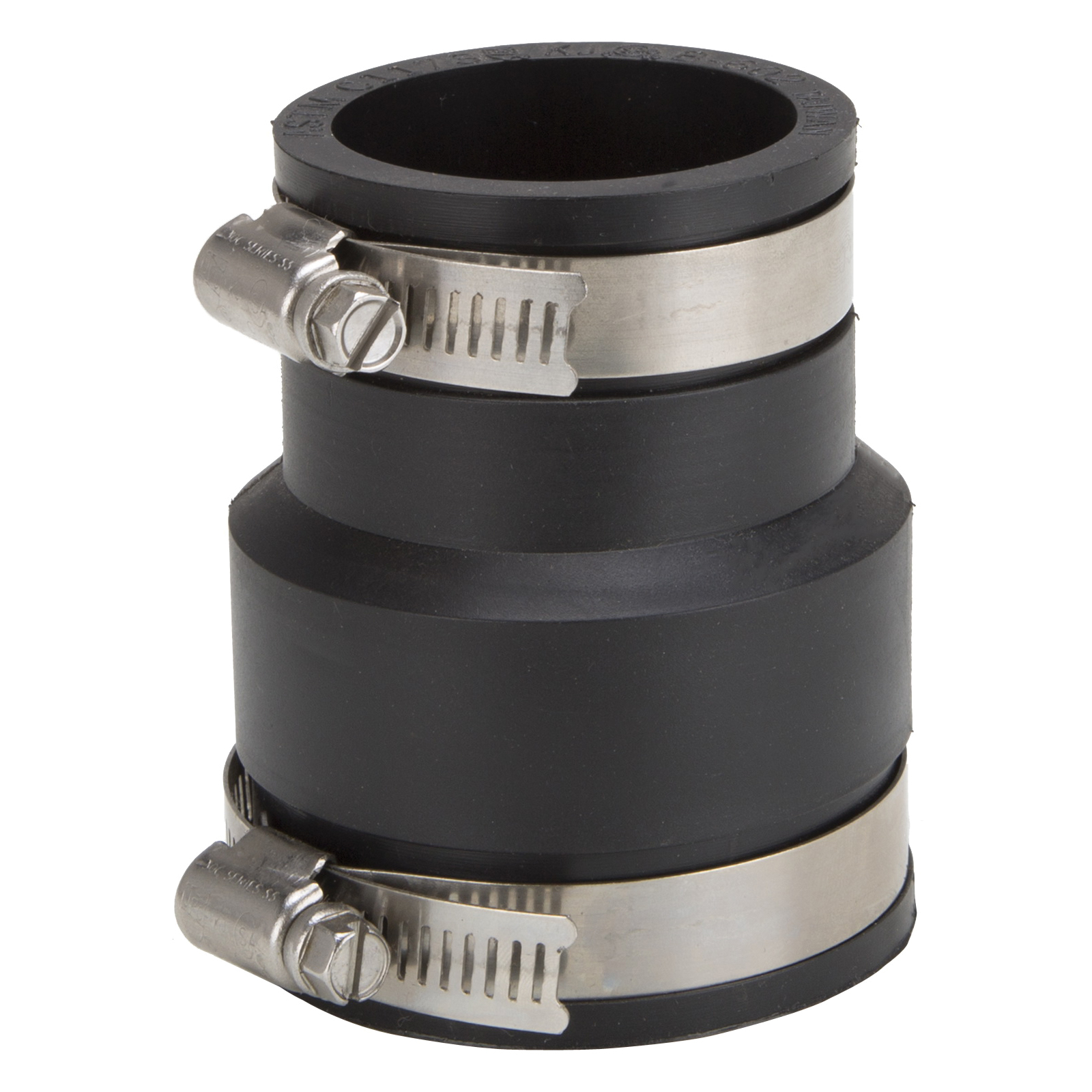 FC56-215 Coupling, 2 x 1-1/2 in, Cast Iron, Plastic and Steel Drain Pipes, Rubber/Stainless Steel, Black