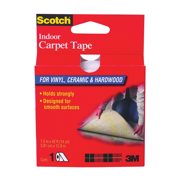CT2010 Carpet Tape, 42 ft L, 1-1/2 in W, Vinyl Backing, White
