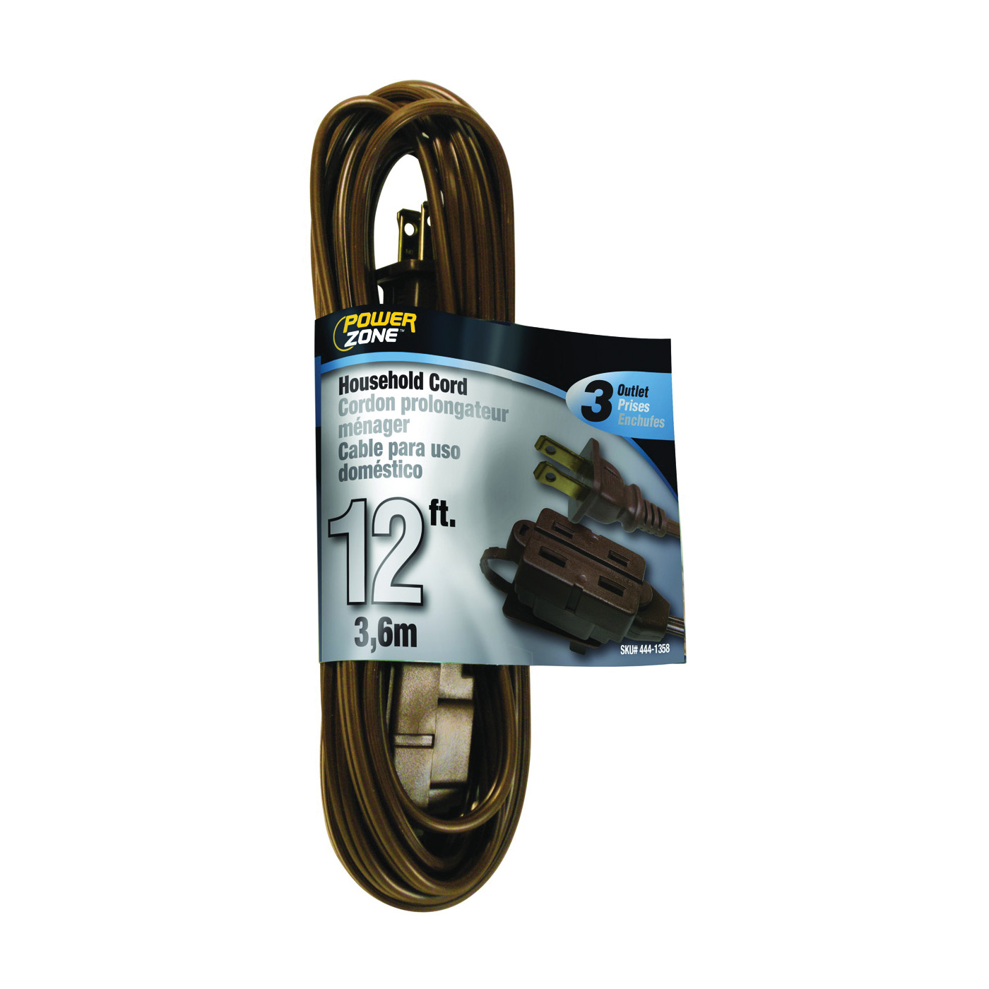 PowerZone OR670612 Extension Cord, 16 AWG Cable, 12 ft L, 125 V, Brown - 1