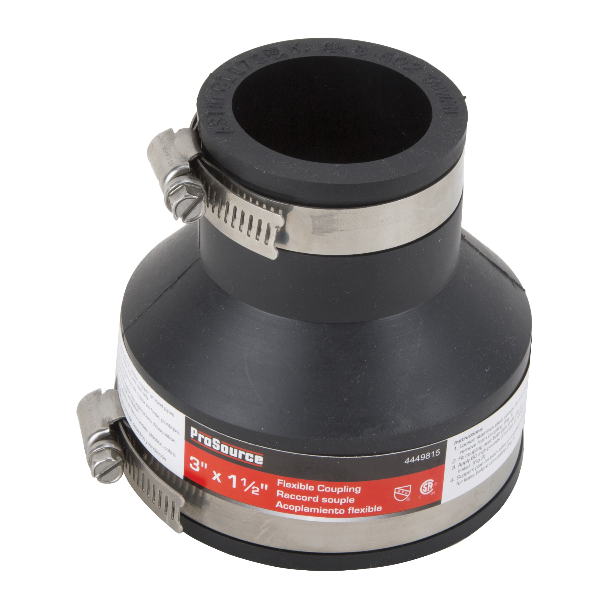 FC56-315 Coupling, 3 x 1-1/2 in, Cast Iron, Plastic and Steel Drain Pipes, Rubber/Stainless Steel, Black