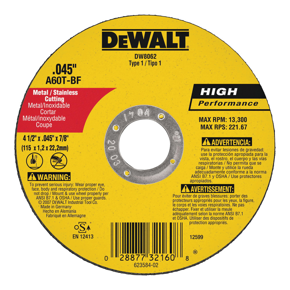 DW8062 Cutting Wheel, 4-1/2 in Dia, 0.045 in Thick, 7/8 in Arbor, Very Fine, Aluminum Oxide Abrasive
