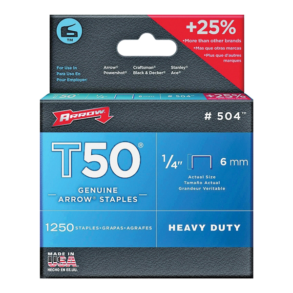 T50 Series 50424 Staple, 3/8 in W Crown, 1/4 in L Leg, Steel