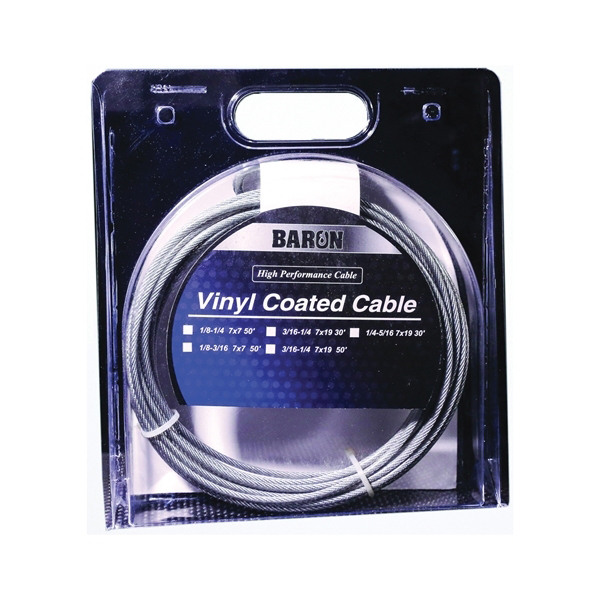53205/50235 Aircraft Cable, 3/16 to 1/4 in Dia, 100 ft L, 740 lb Working Load, Galvanized Steel, Vinyl-Coated