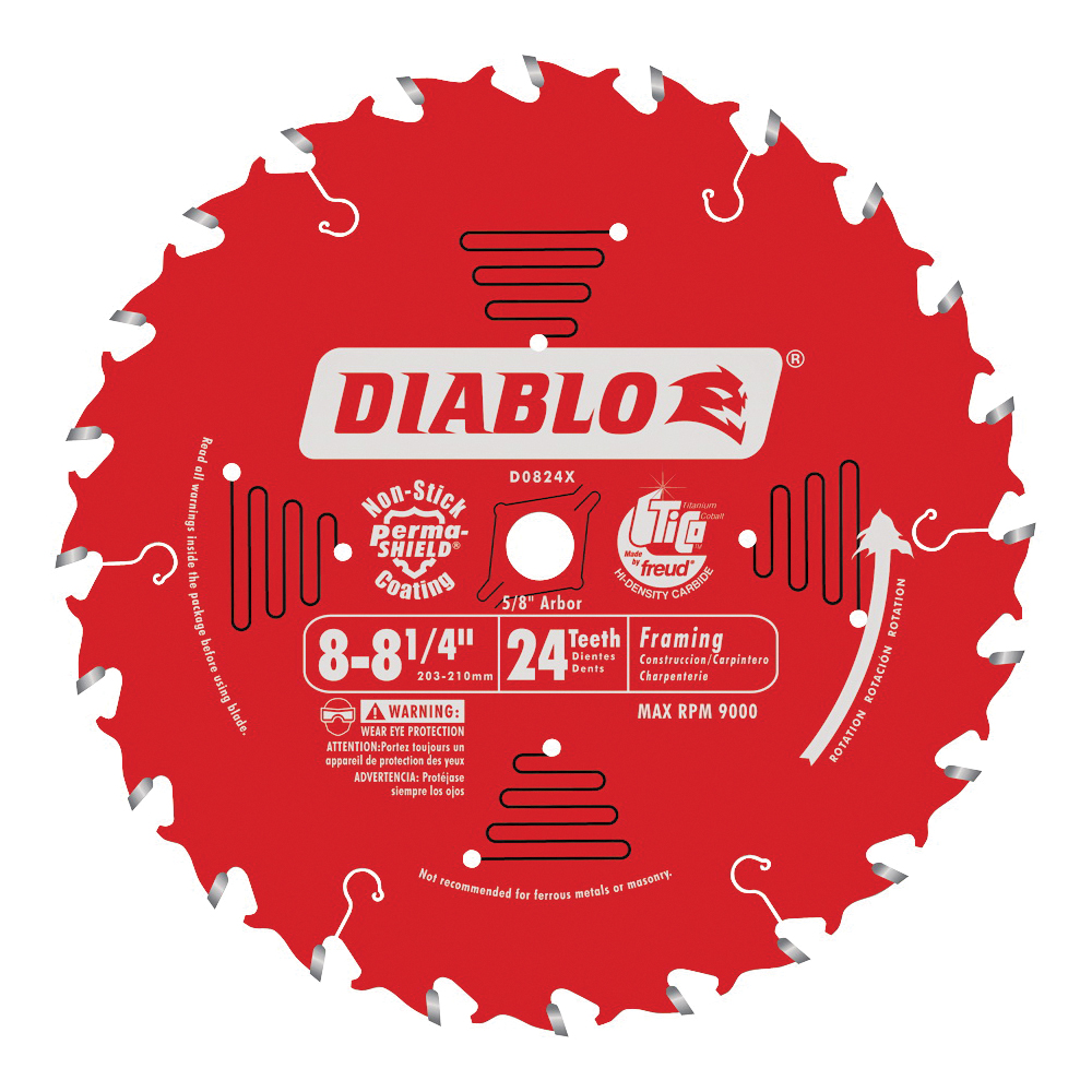 D0824X Circular Saw Blade, 8 to 8-1/4 in Dia, 5/8 in Arbor, 24-Teeth, Carbide Cutting Edge