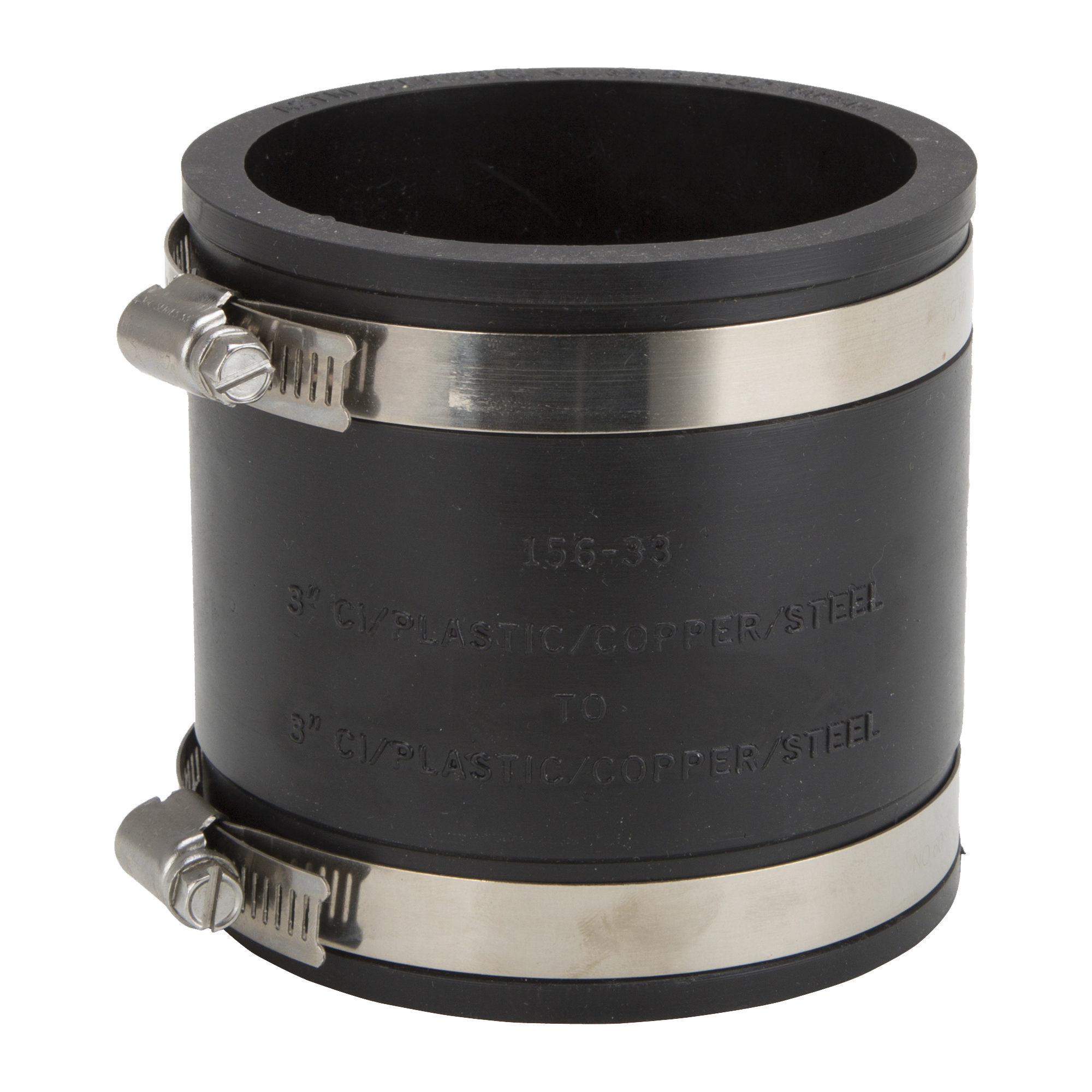 FC56-33 Coupling, 3 x 3 in, Cast Iron, Plastic and Steel Drain Pipes, Rubber/Stainless Steel, Black