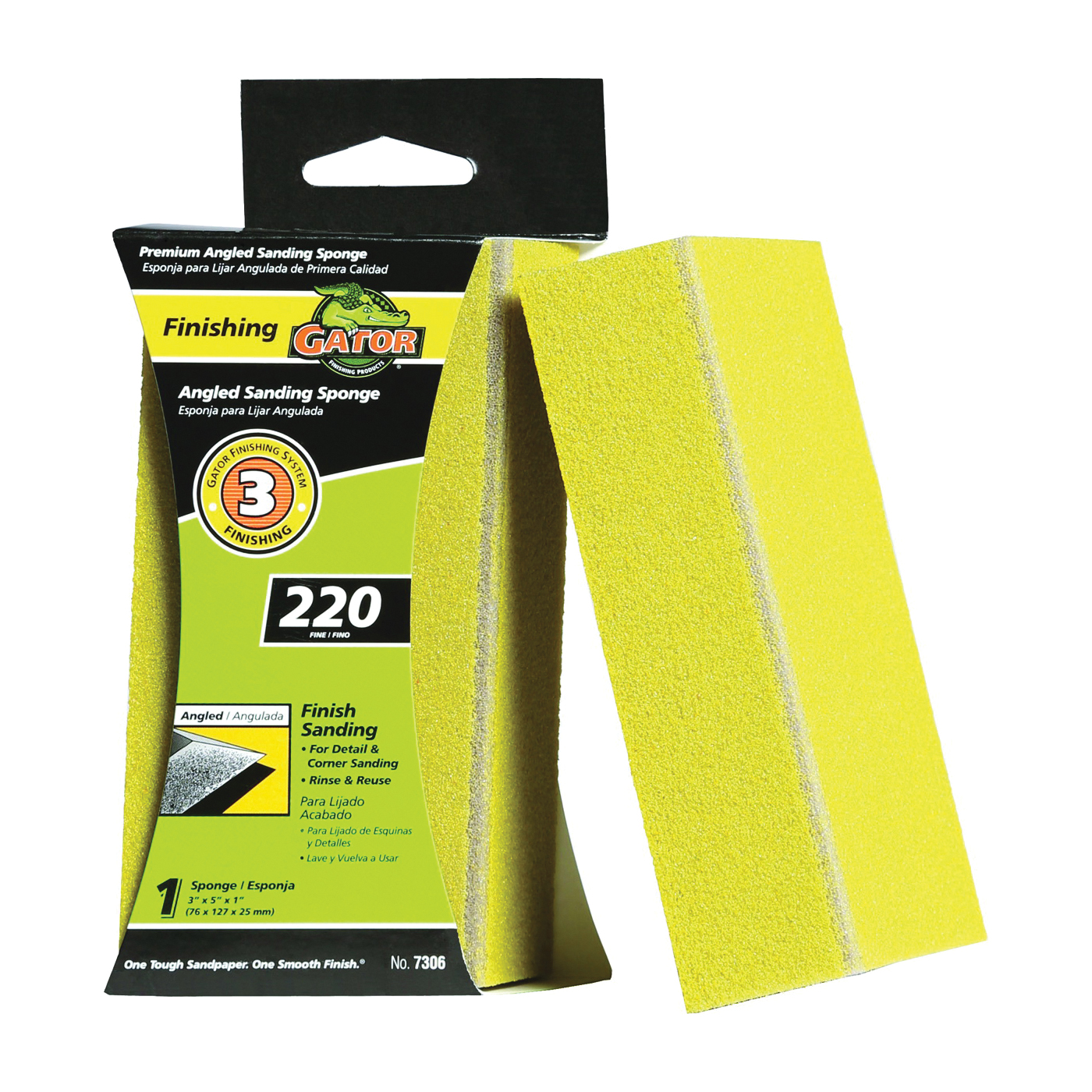 7306 Sanding Sponge, 5 in L, 3 in W, 220 Grit, Extra Fine, Aluminum Oxide Abrasive
