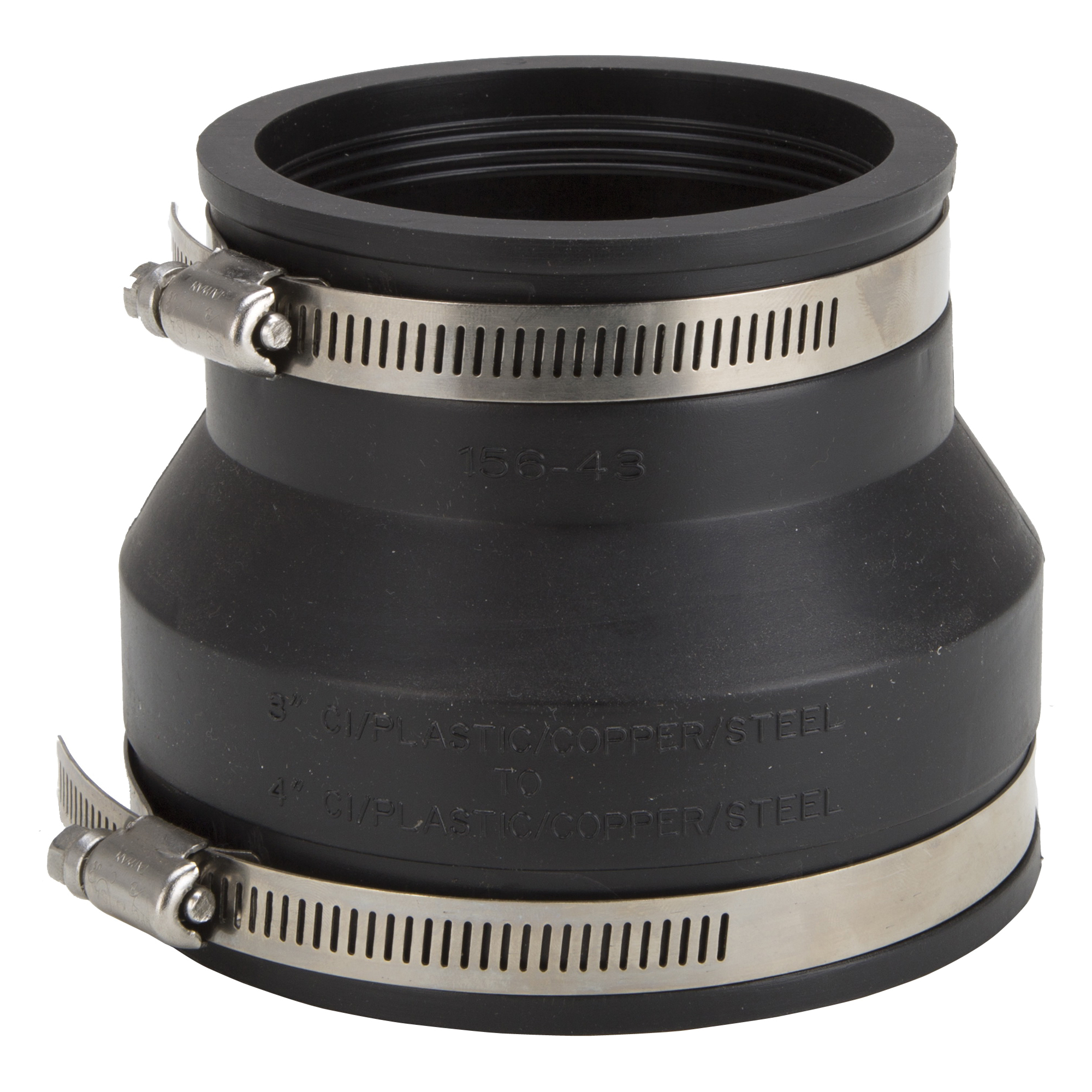 FC56-43 Coupling, 4 x 3 in, Cast Iron, Plastic and Steel Drain Pipes, Rubber/Stainless Steel, Black