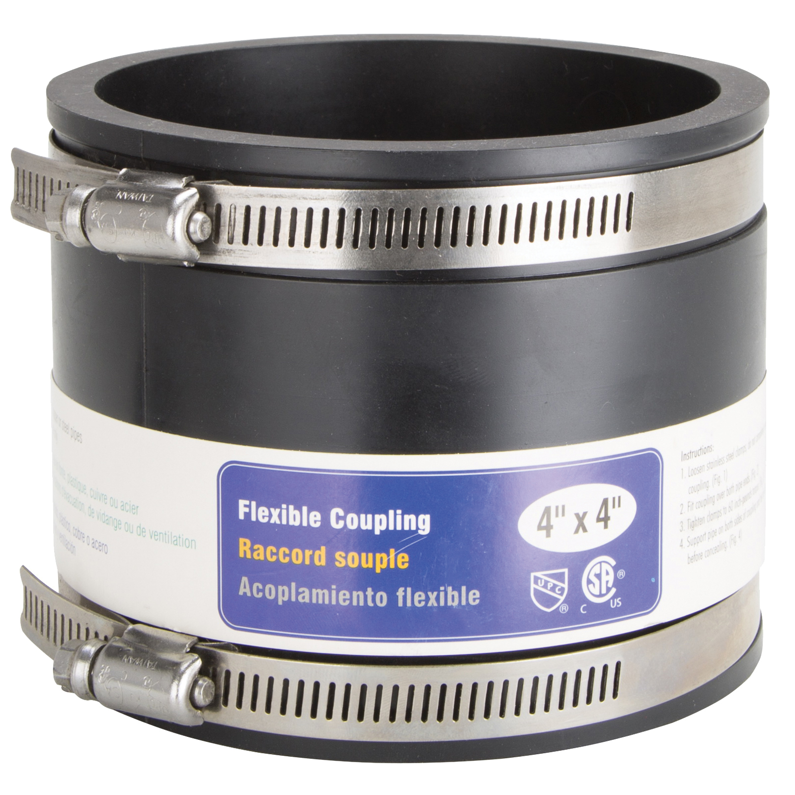 FC56-44 Coupling, 4 x 4 in, Cast Iron, Plastic and Steel Drain Pipes, Rubber/Stainless Steel, Black