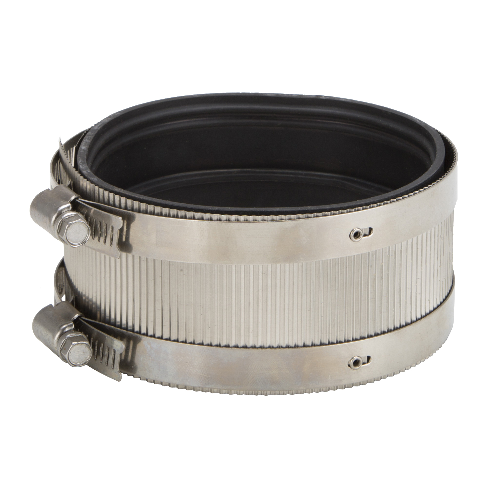 NHC-44 Coupling, 4 in, Cast Iron, Plastic and Steel Drain Pipes, Rubber/Stainless Steel, Black