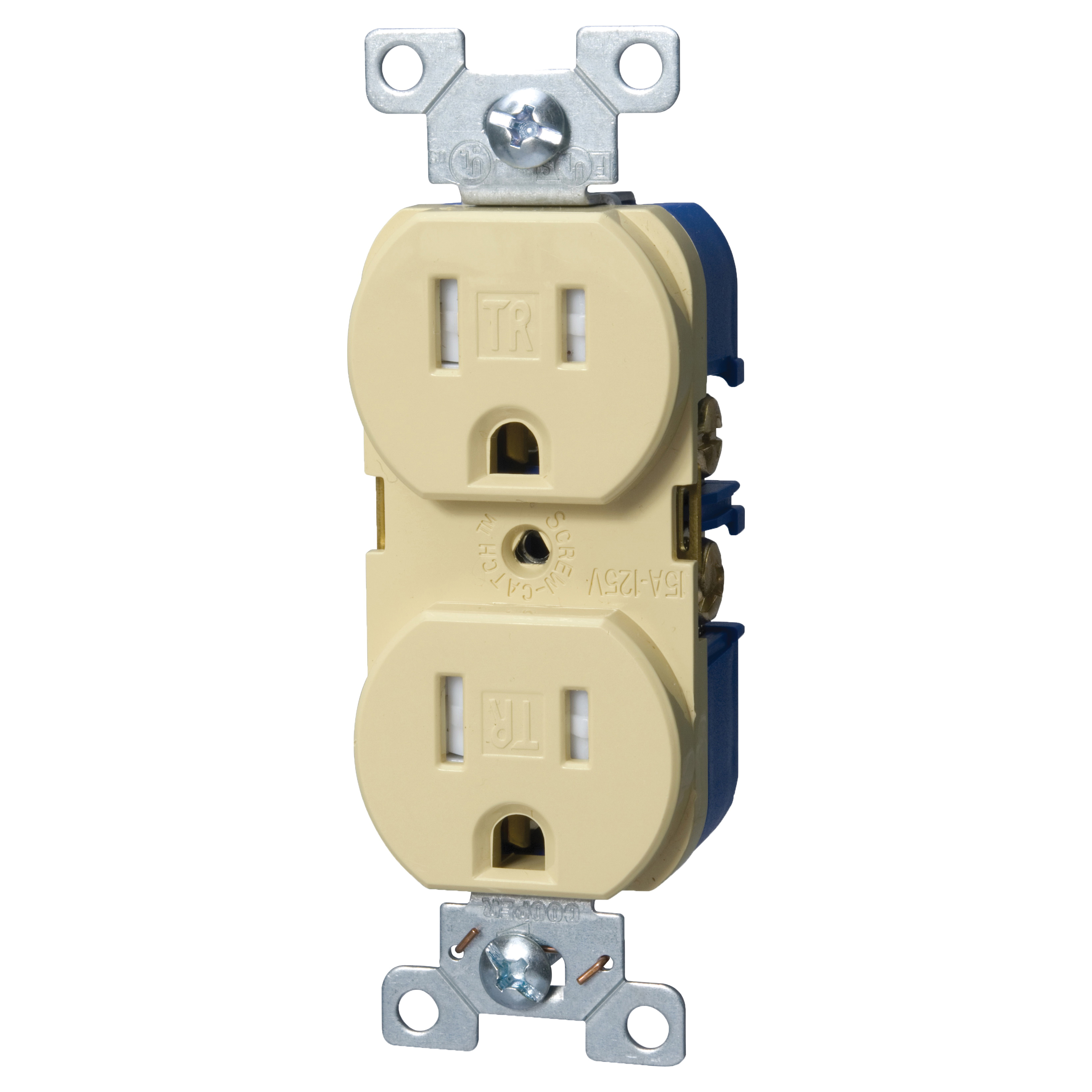 TRBR15V-BXSP Duplex Receptacle, 2-Pole, 15 A, 125 V, Back, Side Wiring, NEMA: 5-15R, Ivory