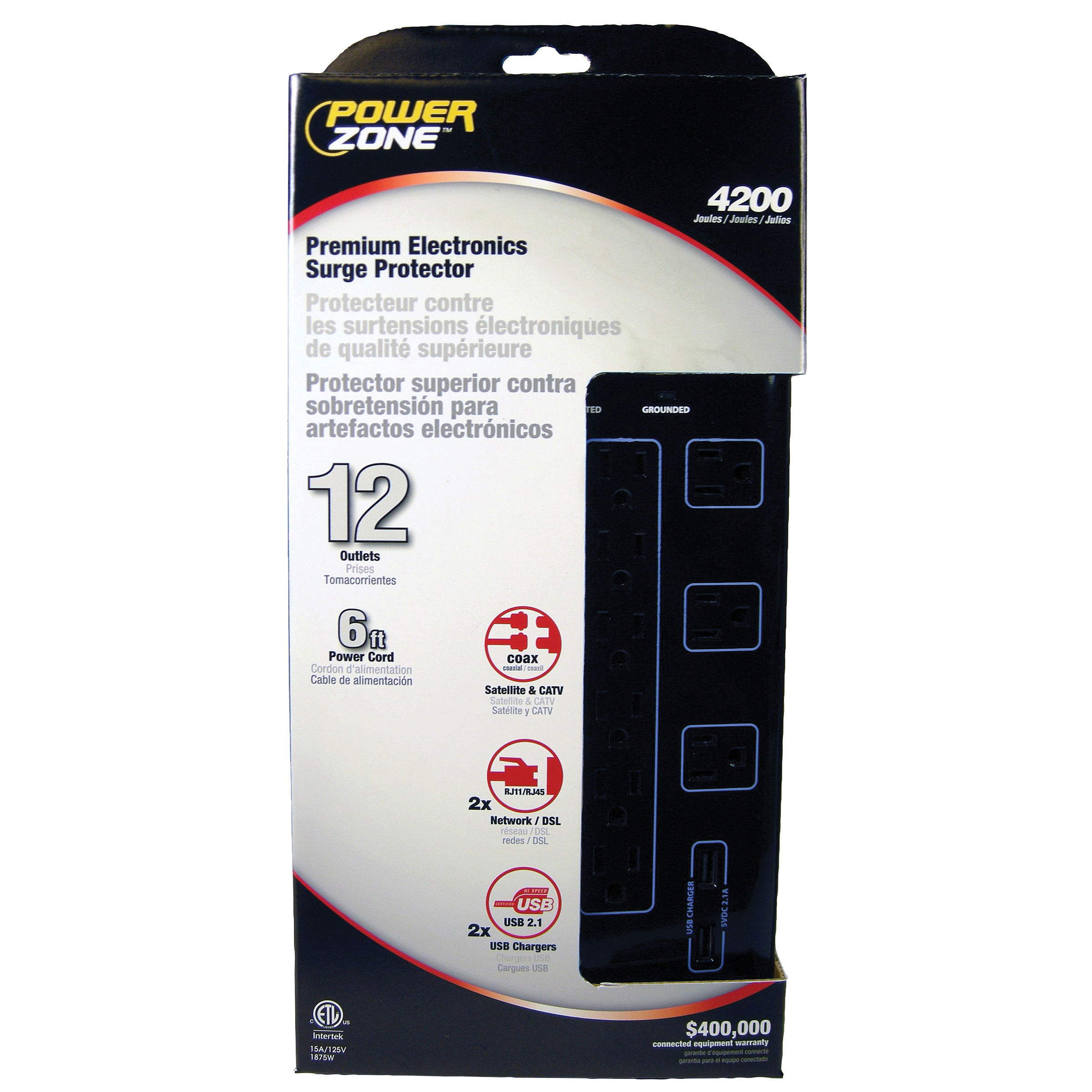 PowerZone OR504142 Surge Protector, 125 V, 15 A, 12-Outlet, 4200 Joules Energy, Black - 2