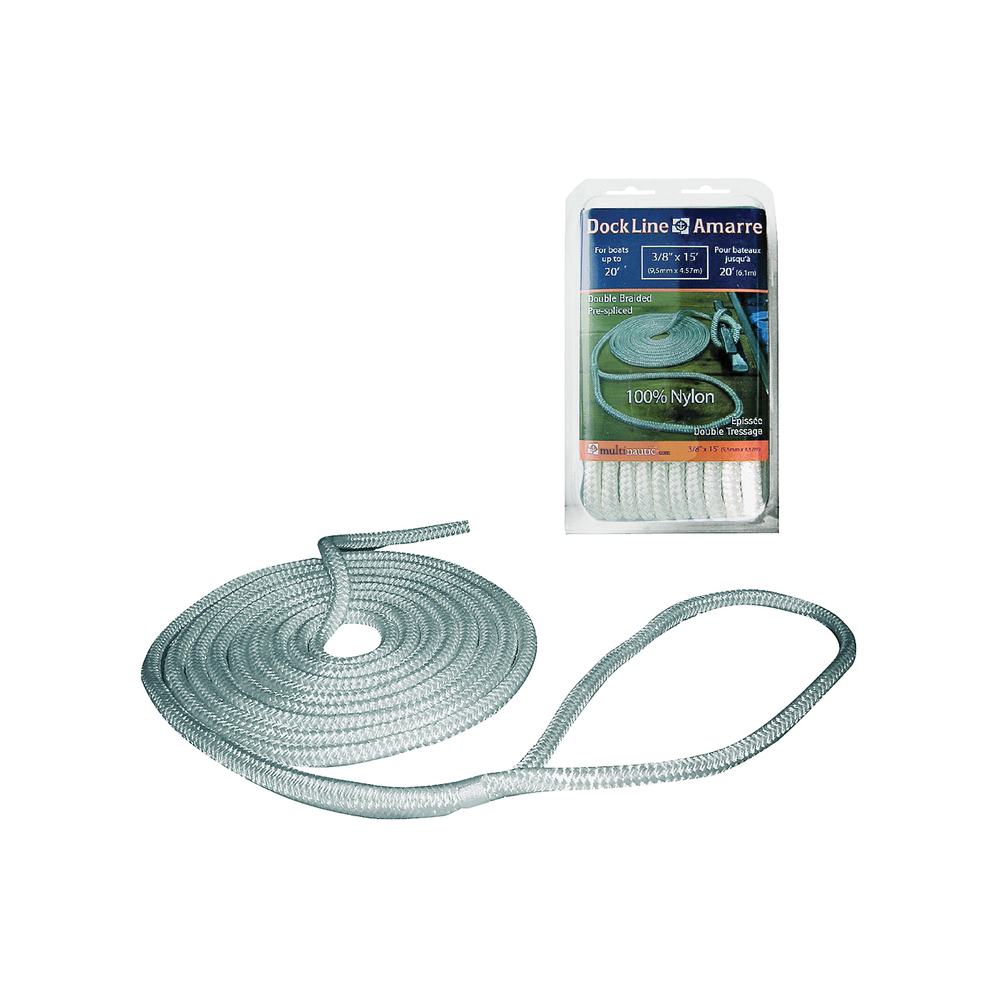 34900 Pre-Spliced Dock Line, Nylon, White, For: Up to 20 ft Long Boats