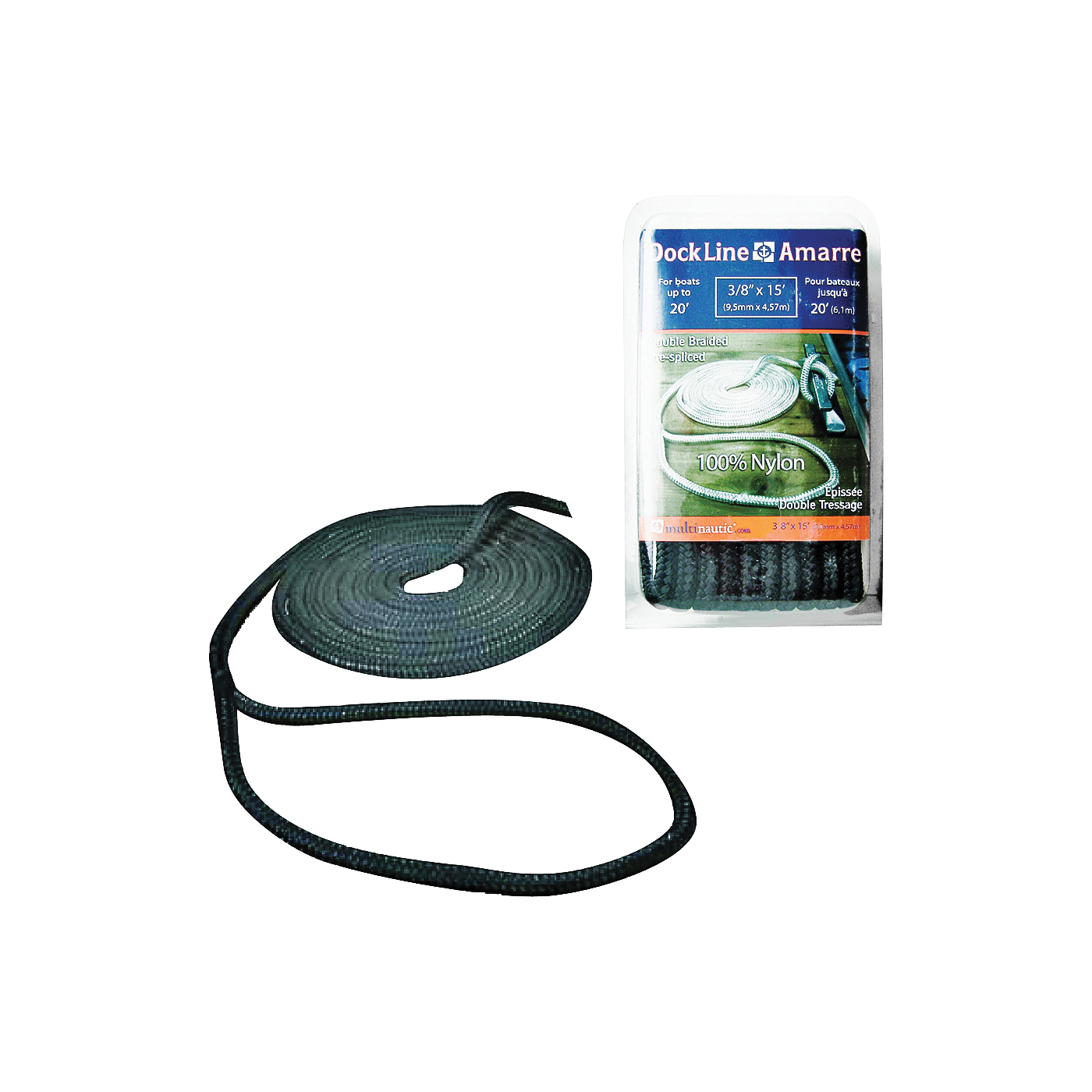 34901 Pre-Spliced Dock Line, Nylon, Black, For: Up to 20 ft Long Boats
