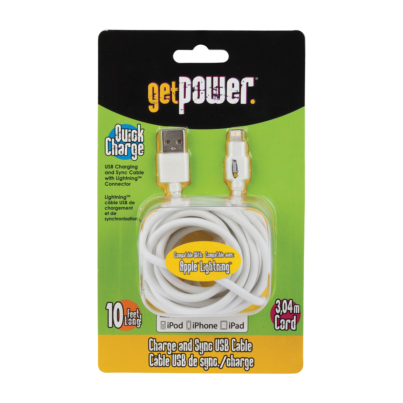 GP-XL-USB-L USB Charging and Sync Cable, USB, Apple Lightning, White, 10 ft L