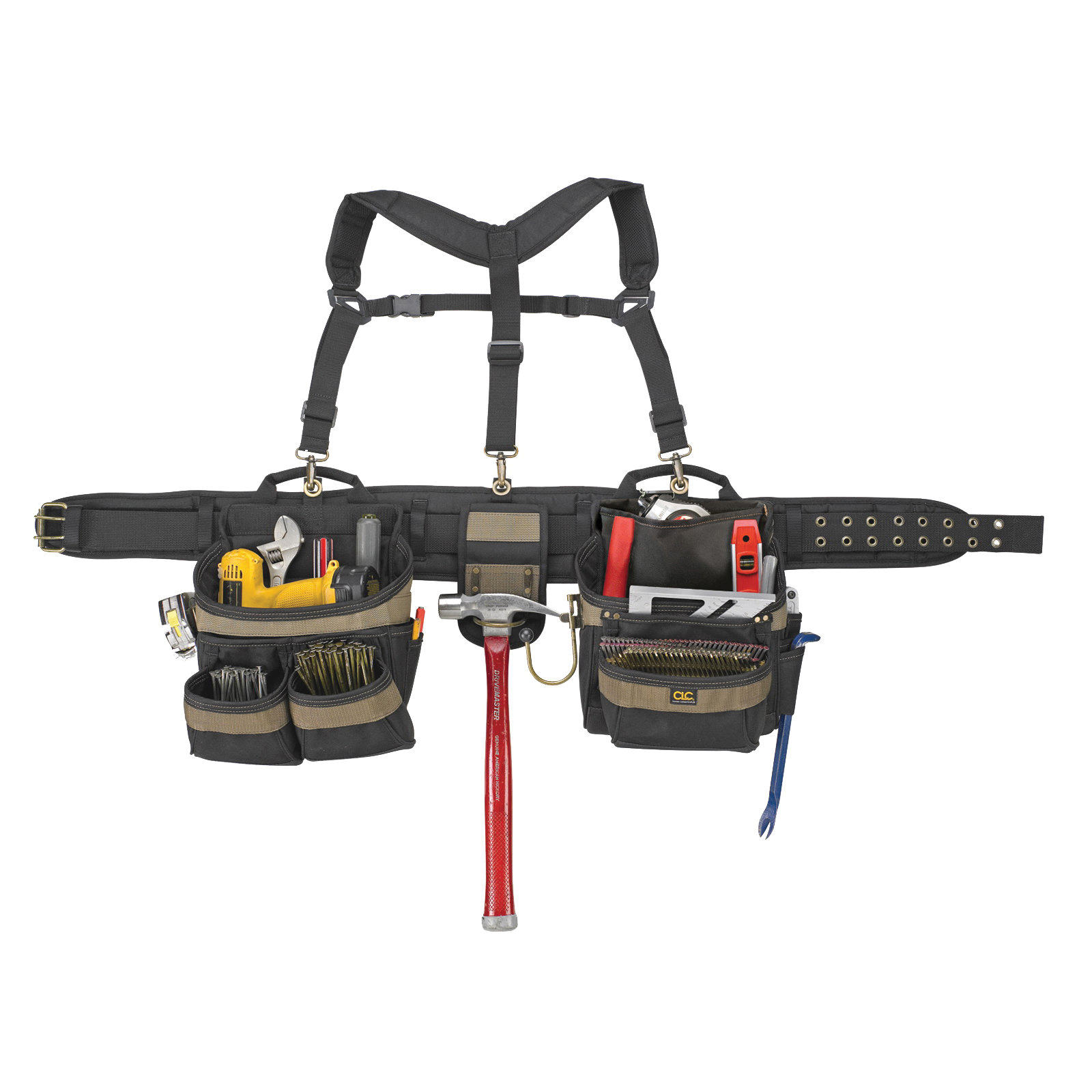 TOOL WORKS 6714 5-Piece Framer's Combo Rig Tool Belt, 29 to 46 in Waist, Polyester, Black/Khaki, 31-Pocket