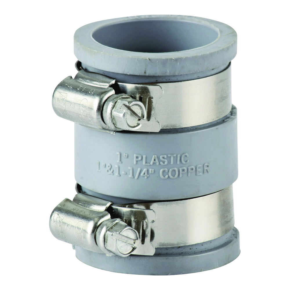 TC-150 Drain Connector, 1-1/4 x 1-1/2 in, Brass or Plastic Drain Pipes, Rubber/Stainless Steel, Gray