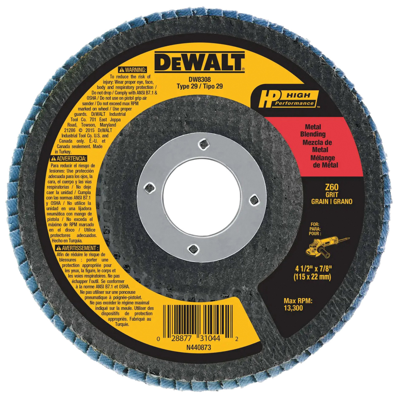 DW8308 Flap Disc, 4-1/2 in Dia, 7/8 in Arbor, 60 Grit, Medium, Zirconia Abrasive, Fiberglass Backing