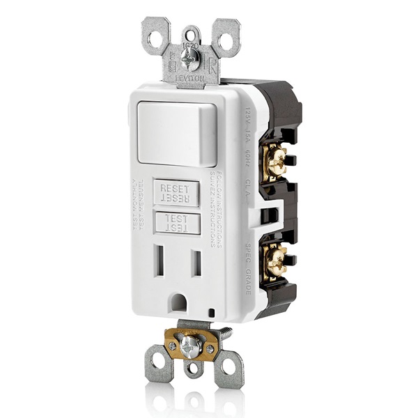 Leviton C92-GFSW1-00W Combination Switch, 2 -Pole, 15 A, 125 V, White - 1
