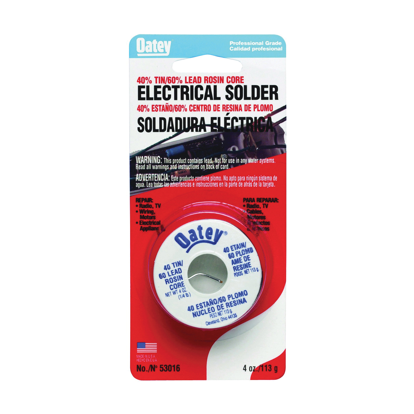 53016 Rosin Core Wire Solder, 1/4 lb Carded, Solid, Silver, 361 to 460 deg F Melting Point