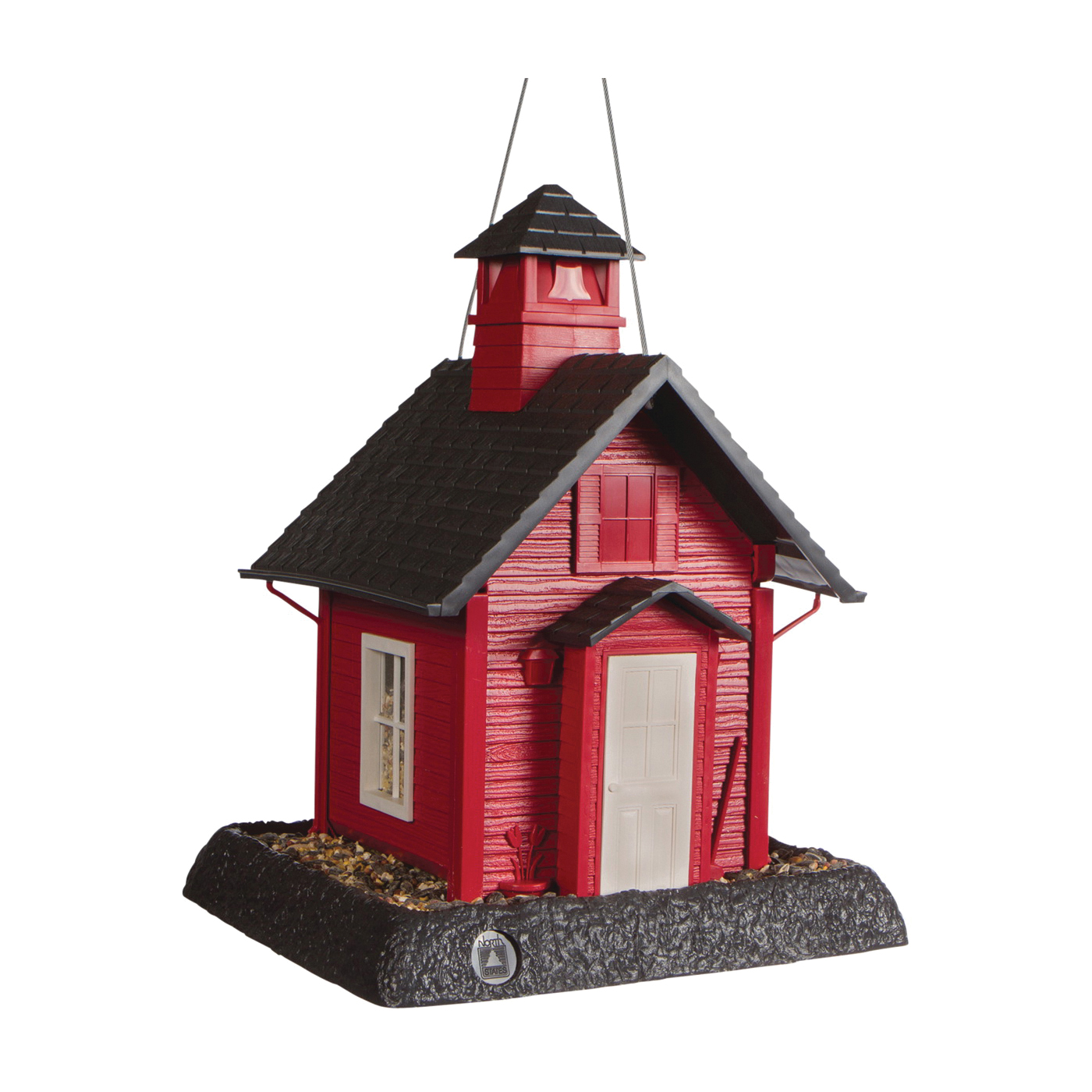 9084 Hopper Bird Feeder, School House, 5 lb, Plastic, Gray/Red, 13-1/4 in H, Hanging, Pole