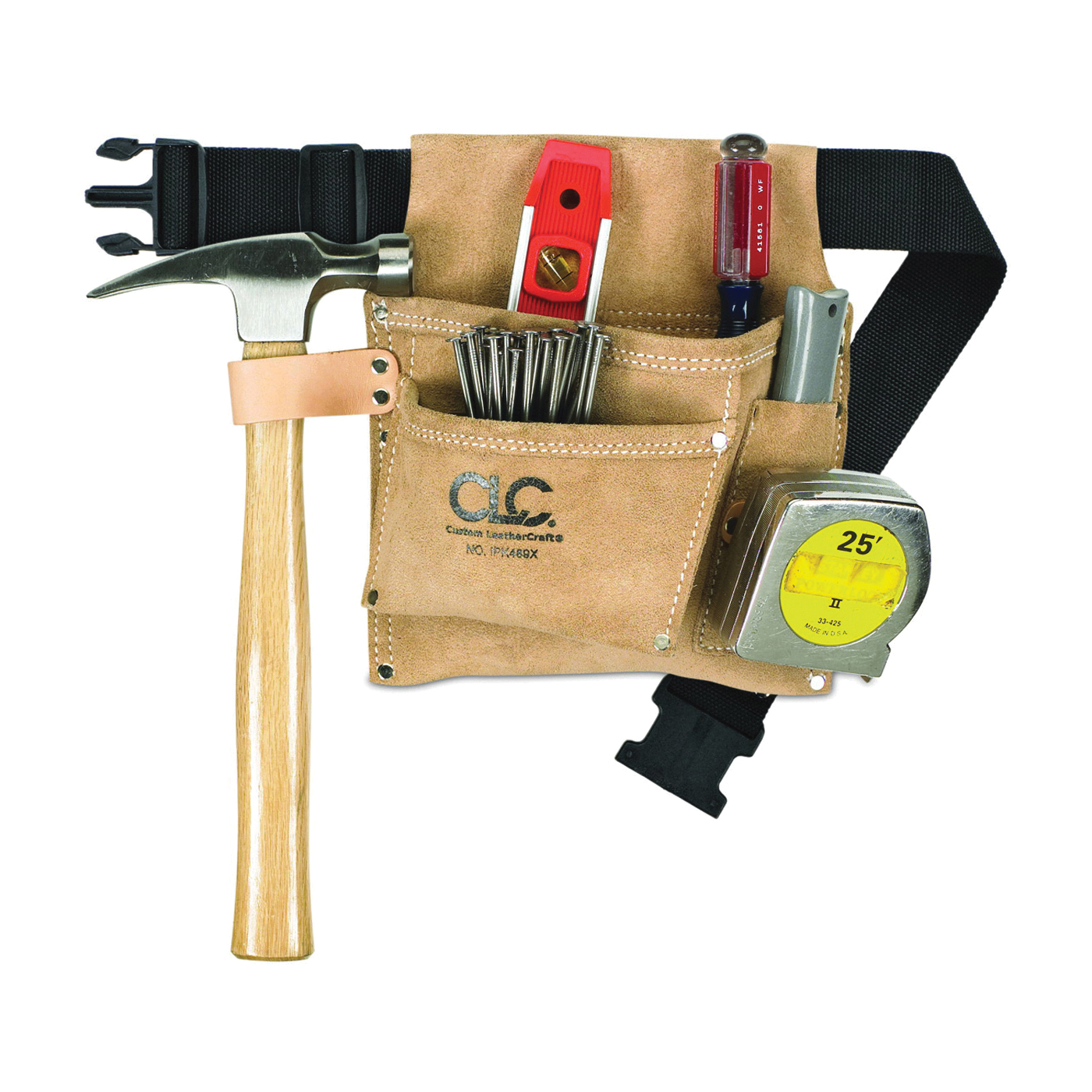IPK489X Nail/Tool Bag, 3-Pocket, Suede Leather, Tan