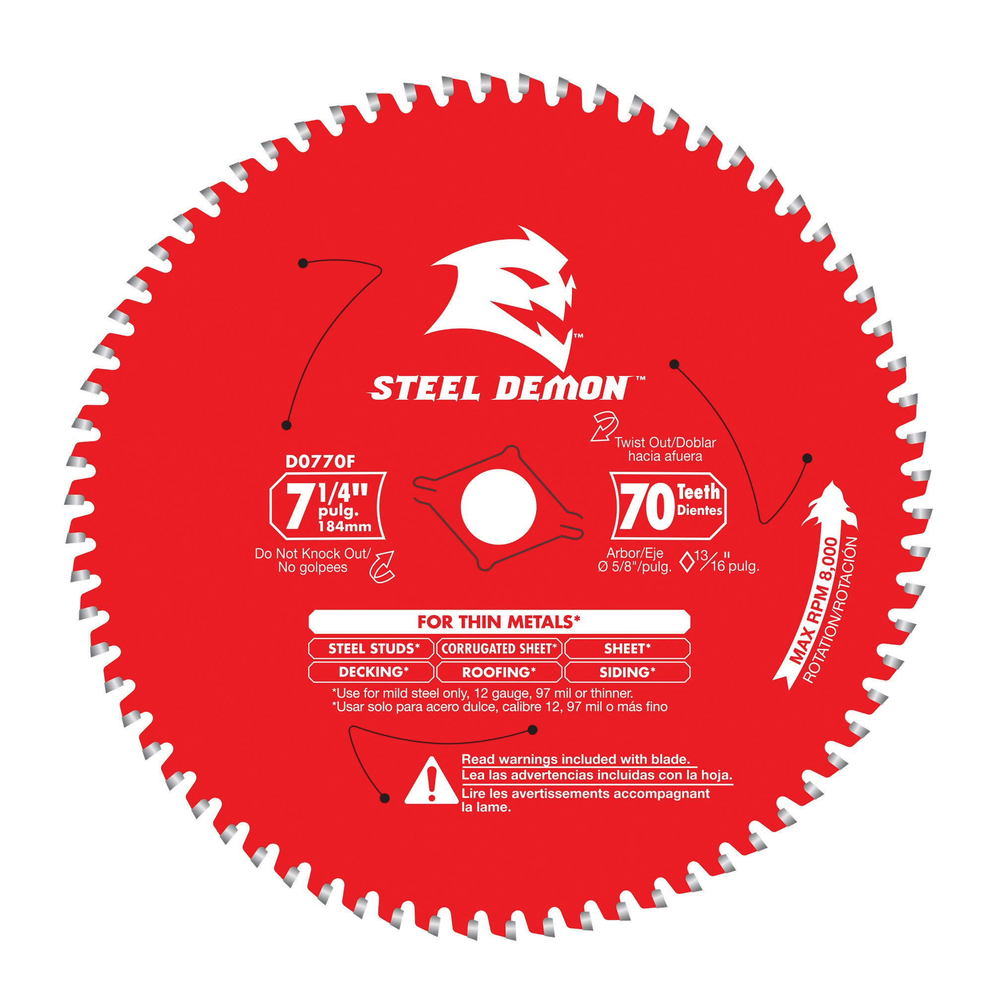 D0770F Circular Saw Blade, Metal, 7-1/4 in Dia, 5/8 in Arbor, 70-Teeth, Carbide Cutting Edge
