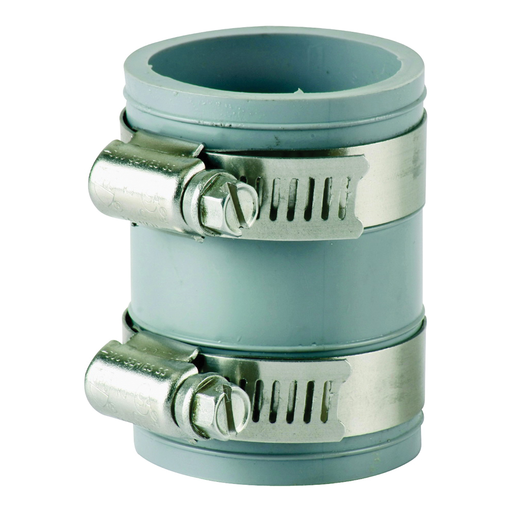 KJ-004 Coupling, 3/4 x 3/4 in, Any Drain Application that Uses Plastic, Cast Iron, Steel or Copper Drain Pipes, Rubber/Stainless Steel, Gray