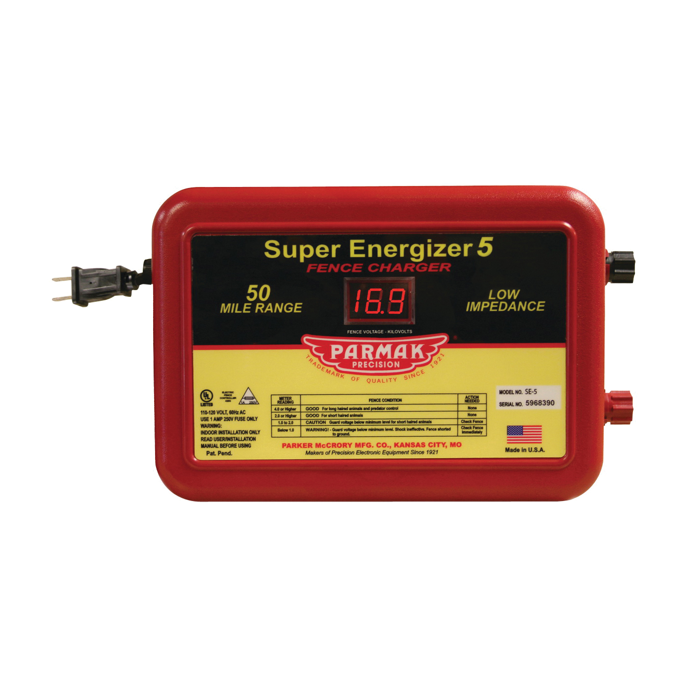 SE-5/4 Electric Fence Charger, 1.5 to 6.3 J Output Energy, 110/120 V, 50 mile Fence Distance