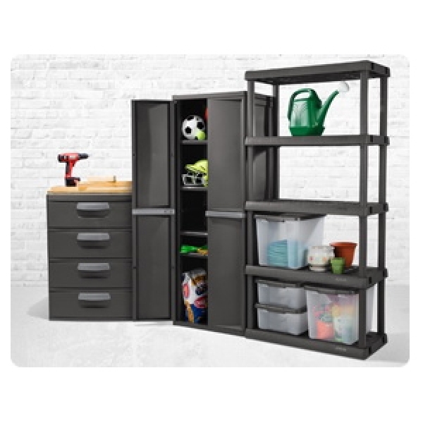 Sterilite 01423V01 Shelf Cabinet, 25-5/8 in OAW, 69-3/8 in OAH, 18-7/8 in OAD, 4-Shelf, Plastic, Gray, Flat - 3