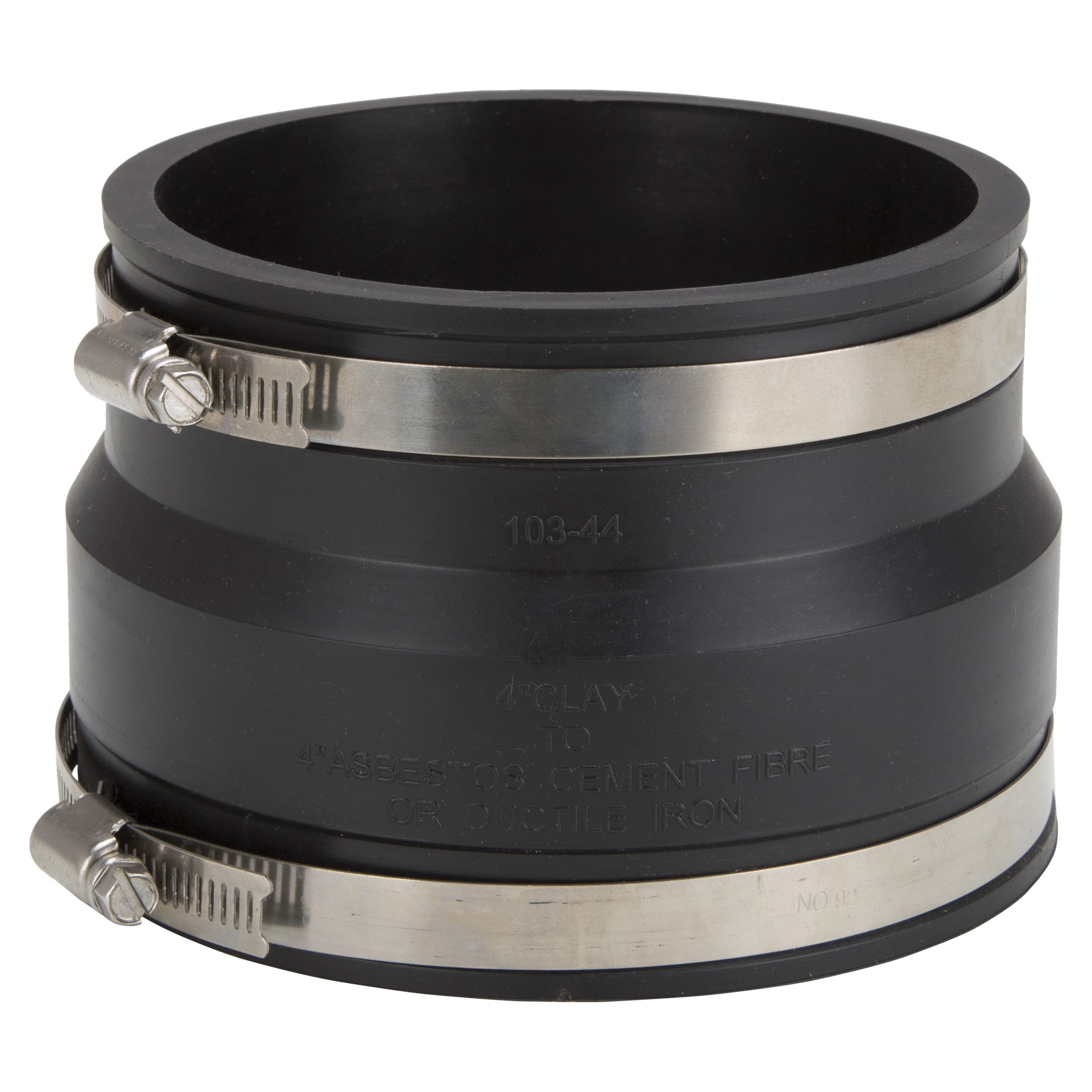 KJ-017 Coupling, 4 x 4 in, Clay to Asbestos Cement Fiber or Ductile Iron Pipes, Rubber/Stainless Steel, Black