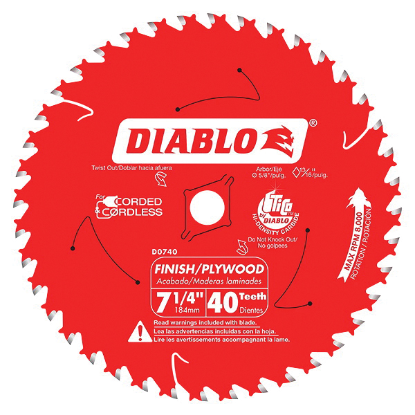 D0740A Circular Saw Blade, 7-1/4 in Dia, 5/8 in Arbor, 40-Teeth, Carbide Cutting Edge