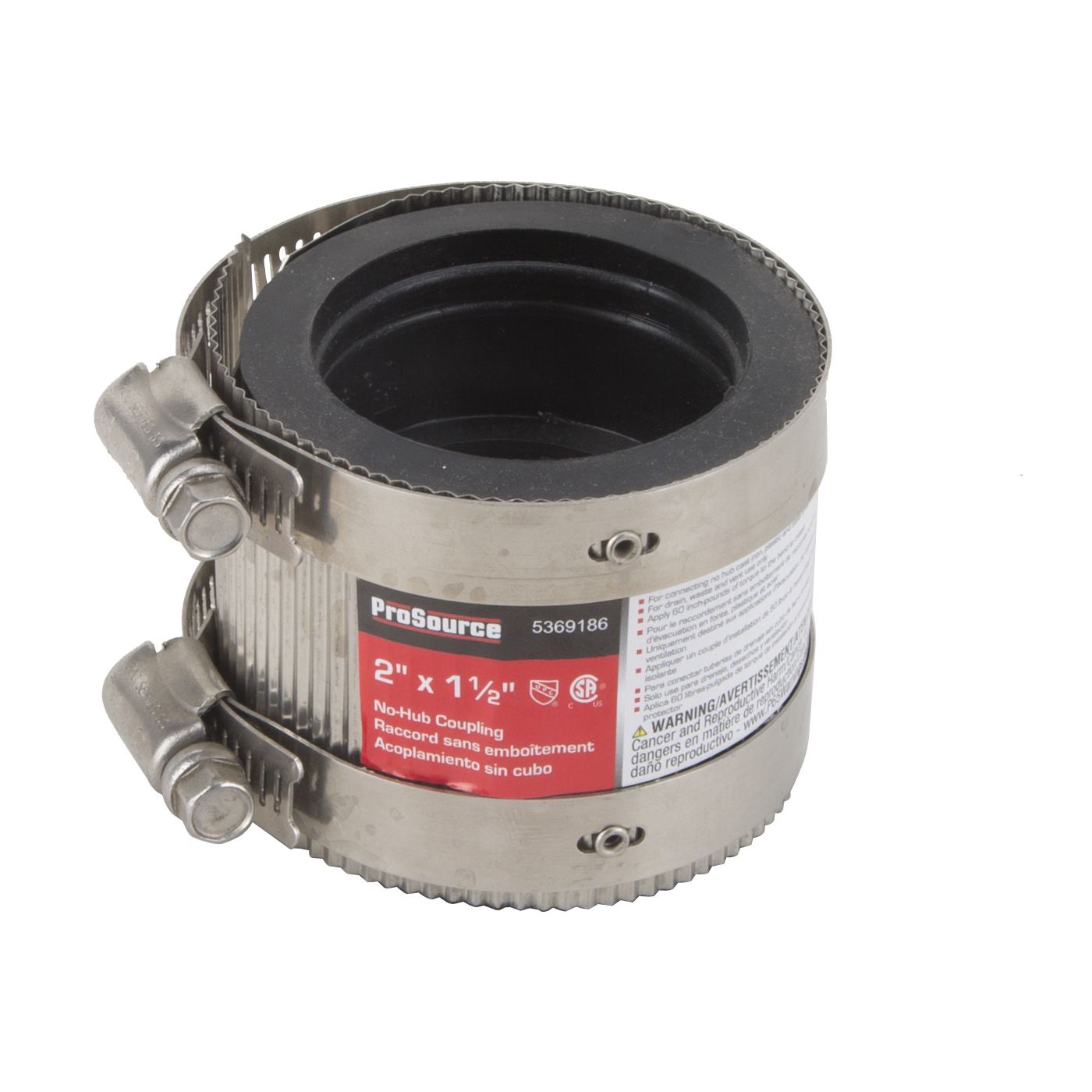 KJ-020 Coupling, 2 x 1-1/2 in, Cast Iron, Plastic and Steel Drain Pipes, Rubber/Stainless Steel, Black