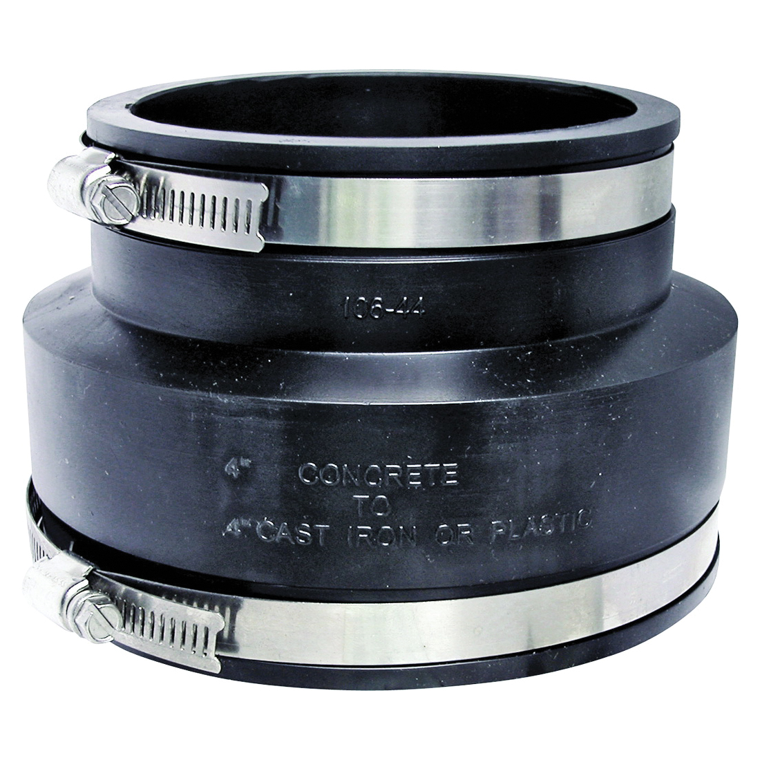 KJ-021 Coupling, 4 x 4 in, Concrete to Cast Iron or Plastic Pipes, Rubber/Stainless Steel, Black