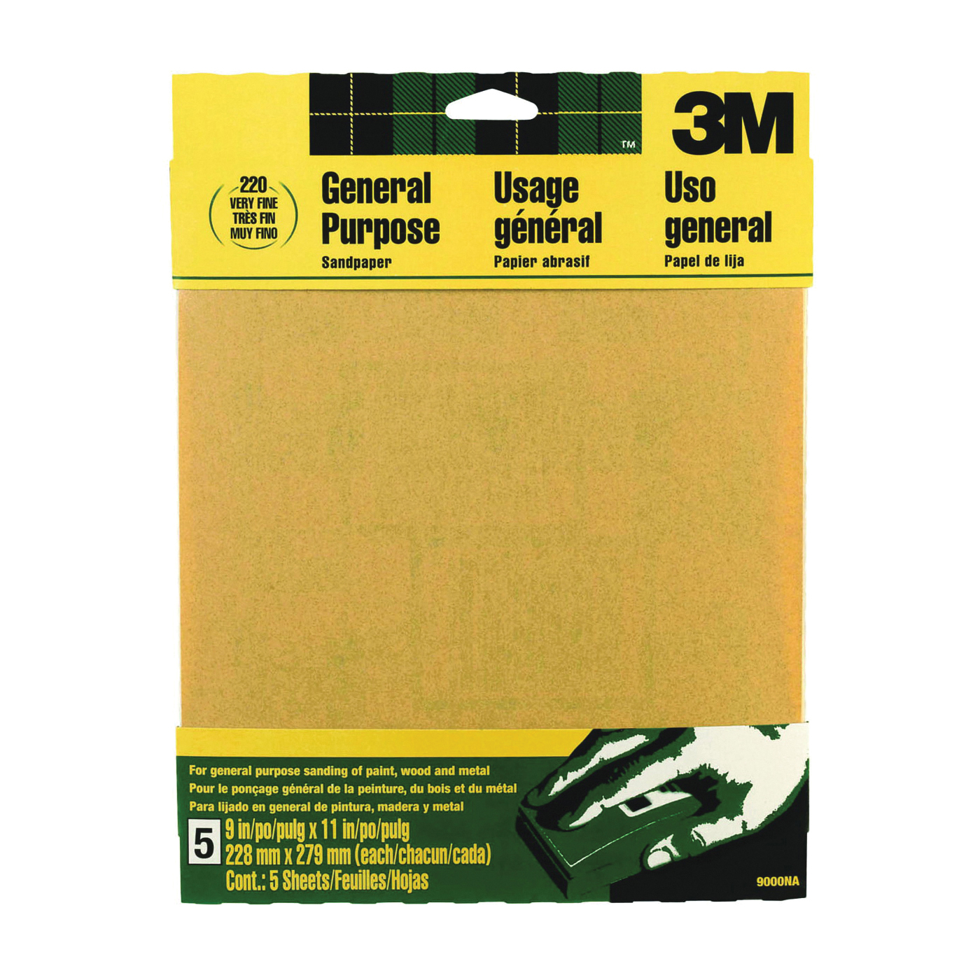 9000NA Sandpaper Sheet, 11 in L, 9 in W, Very Fine, 220 Grit, Aluminum Oxide Abrasive, Paper Backing