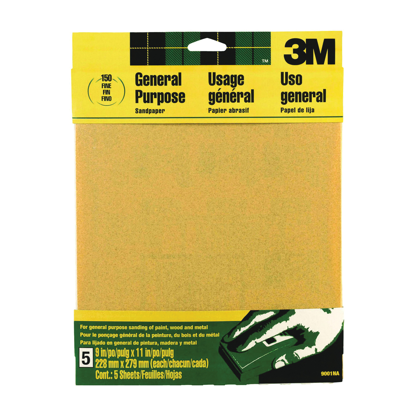 9001 Sandpaper Sheet, 11 in L, 9 in W, Fine, 150 Grit, Aluminum Oxide Abrasive, Paper Backing