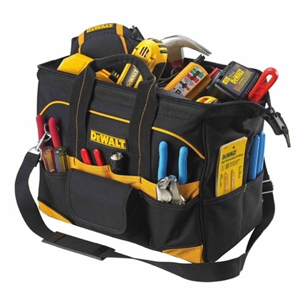 DG5543 Tradesman's Tool Bag, 16 in W, 8 in D, 16 in H, 33-Pocket, Polyester, Black/Yellow
