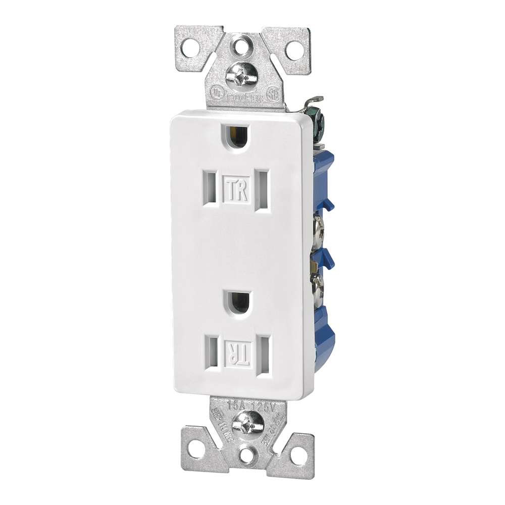 TR1107W Duplex Receptacle, 2-Pole, 15 A, 125 V, Push-in, Side Wiring, NEMA: 5-15R, White