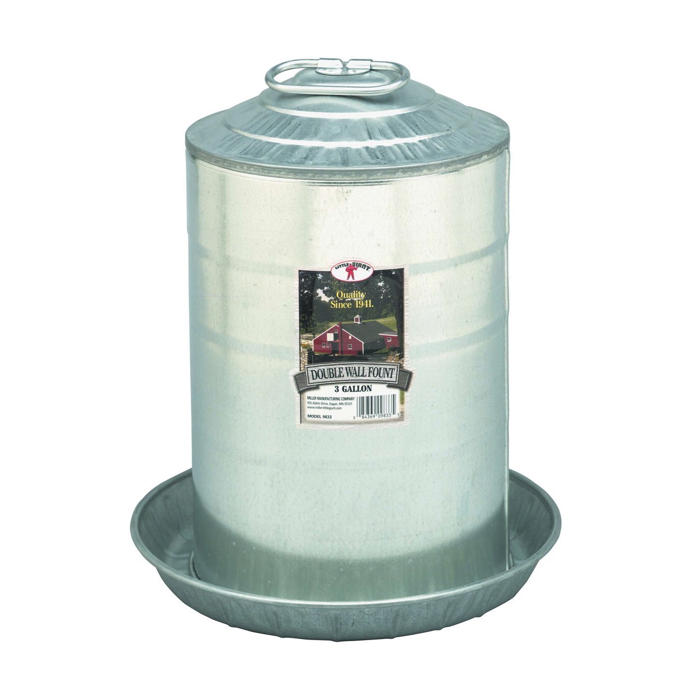 9833 Poultry Fount, 3 gal Capacity, Galvanized Steel, Floor, Ground Mounting