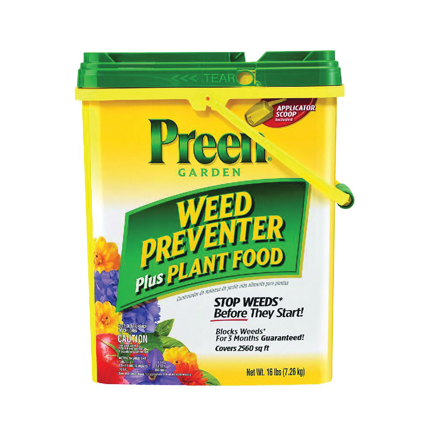 21-63907 Weed Preventer Plus Plant Food, Granular, 2560 sq-ft, 16 lb Drum, 9-12-9 N-P-K Ratio