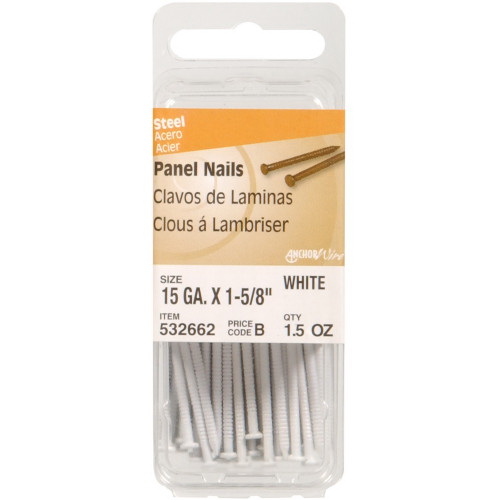HILLMAN 532662 Panel Nail, 1-5/8 in L, Steel, Tempered, Flat Head, Ring Shank, White, 1.5 oz Package - 2