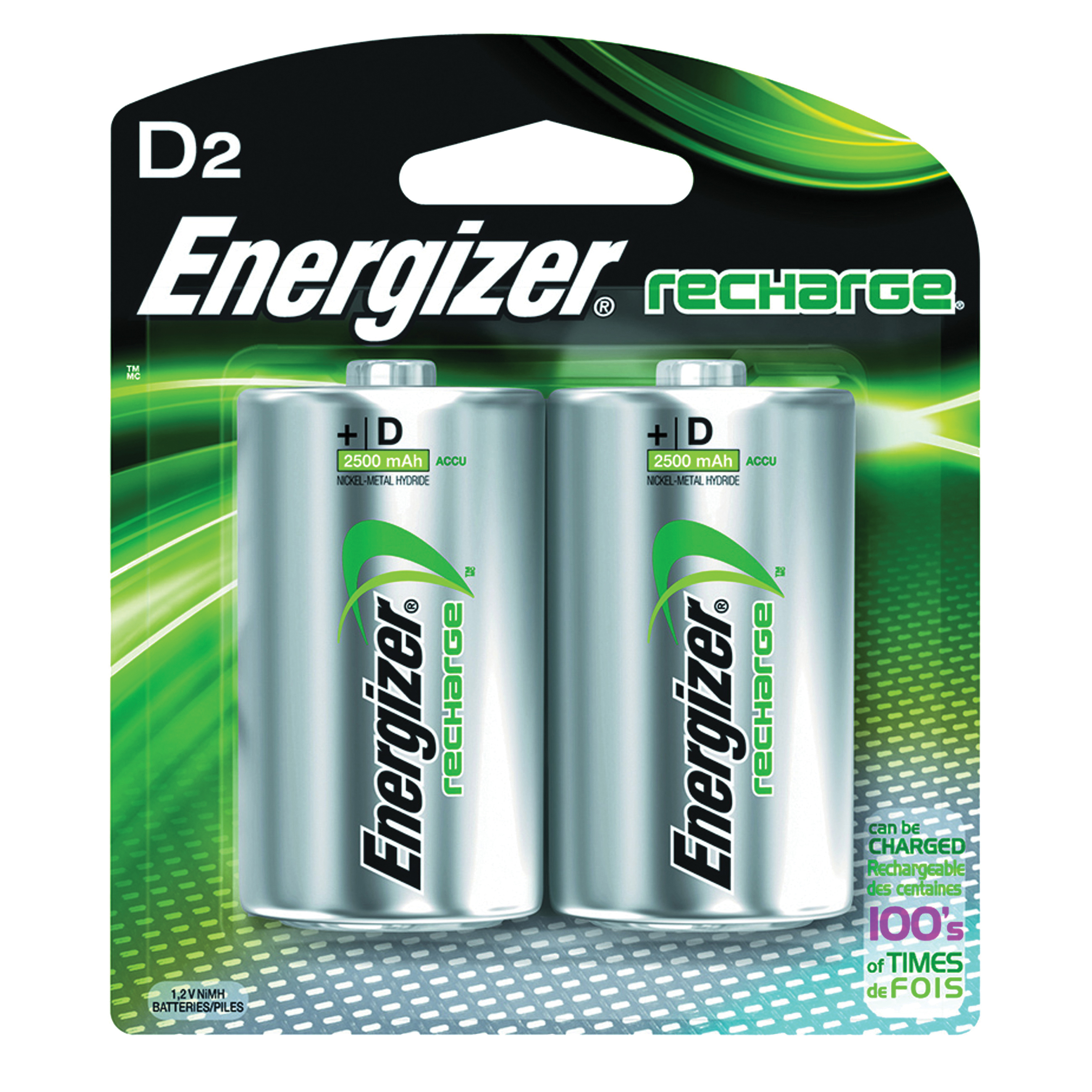 NH50BP-2, 1.2 V Battery, D Battery, Nickel-Metal Hydride, 2 pk, 3 Year life