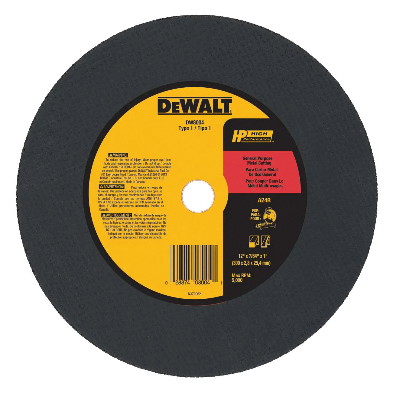 DEWALT DW8004 Chop Saw Wheel, 12 in Dia, 7/64 in Thick, 1 in Arbor, Coarse, Aluminum Oxide Abrasive - 1