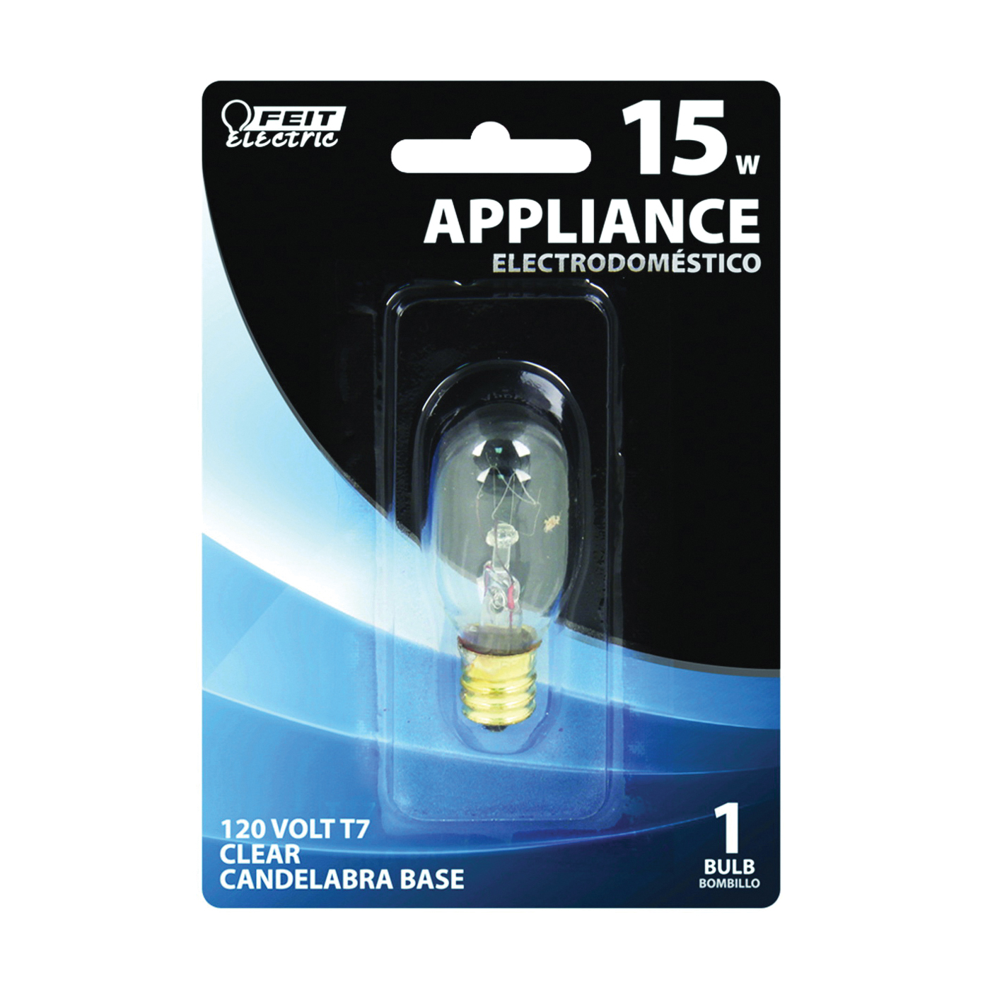 BP15T7 Incandescent Bulb, 15 W, T7 Lamp, E12 Candelabra Lamp Base, 2700 K Color Temp, 1500 hr Average Life