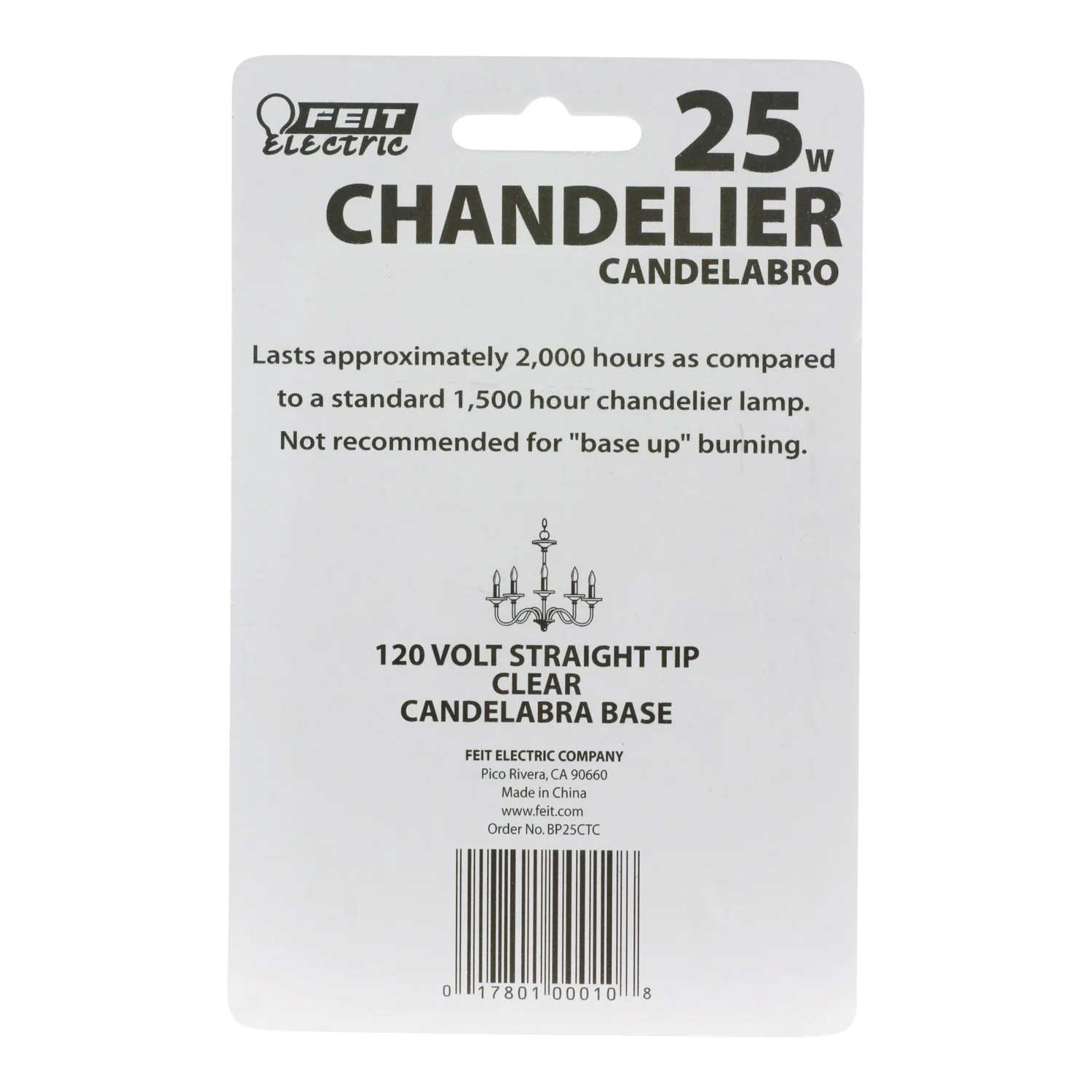 Feit Electric BP25CTC Incandescent Lamp, Clear Lamp, 1.18 in D x 3.5 in H Dimensions, 25 W, B10 Lamp, 220 Lumens