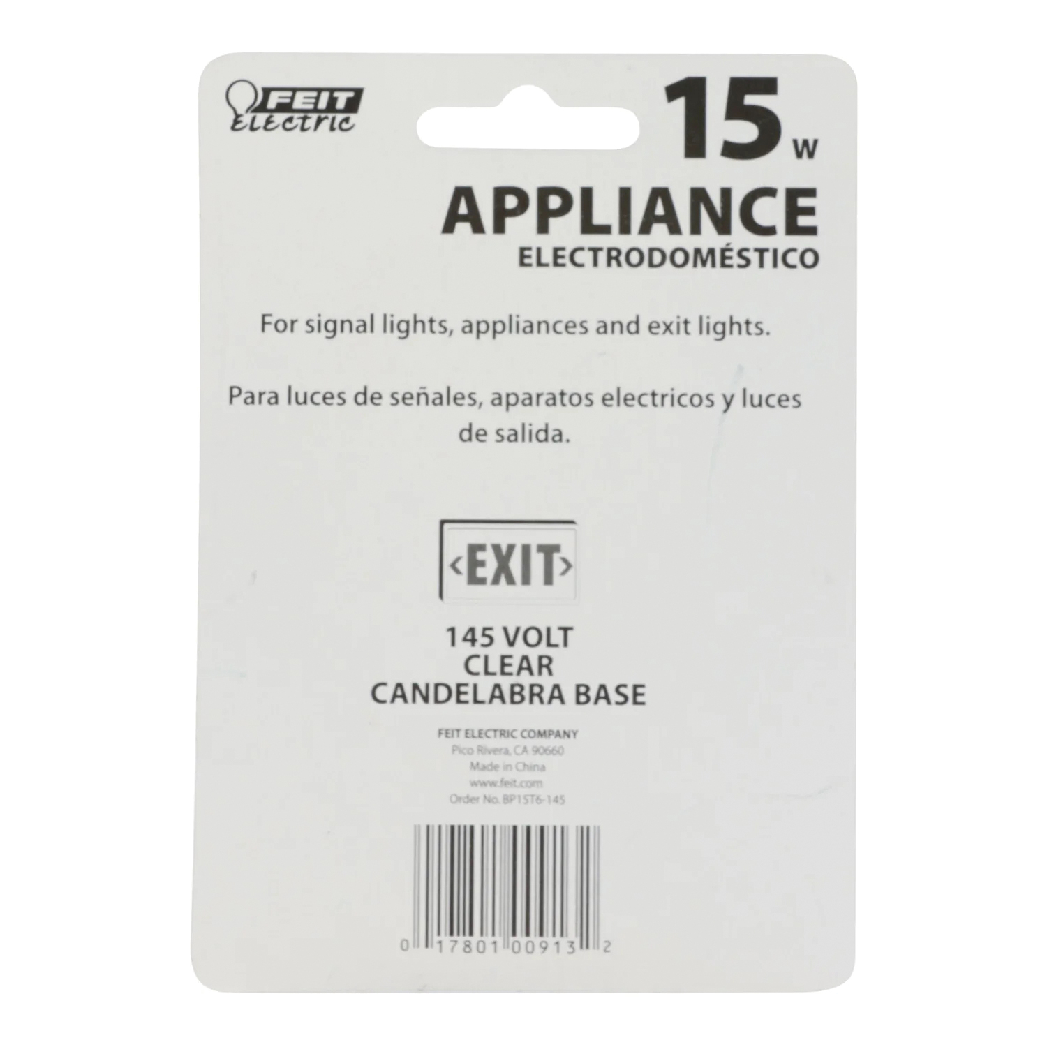 Feit Electric BP15T6-145 Incandescent Lamp, Clear Lamp, 0.75 in D x 2.87 in H Dimensions, 15 W, T6 Lamp, 85 Lumens