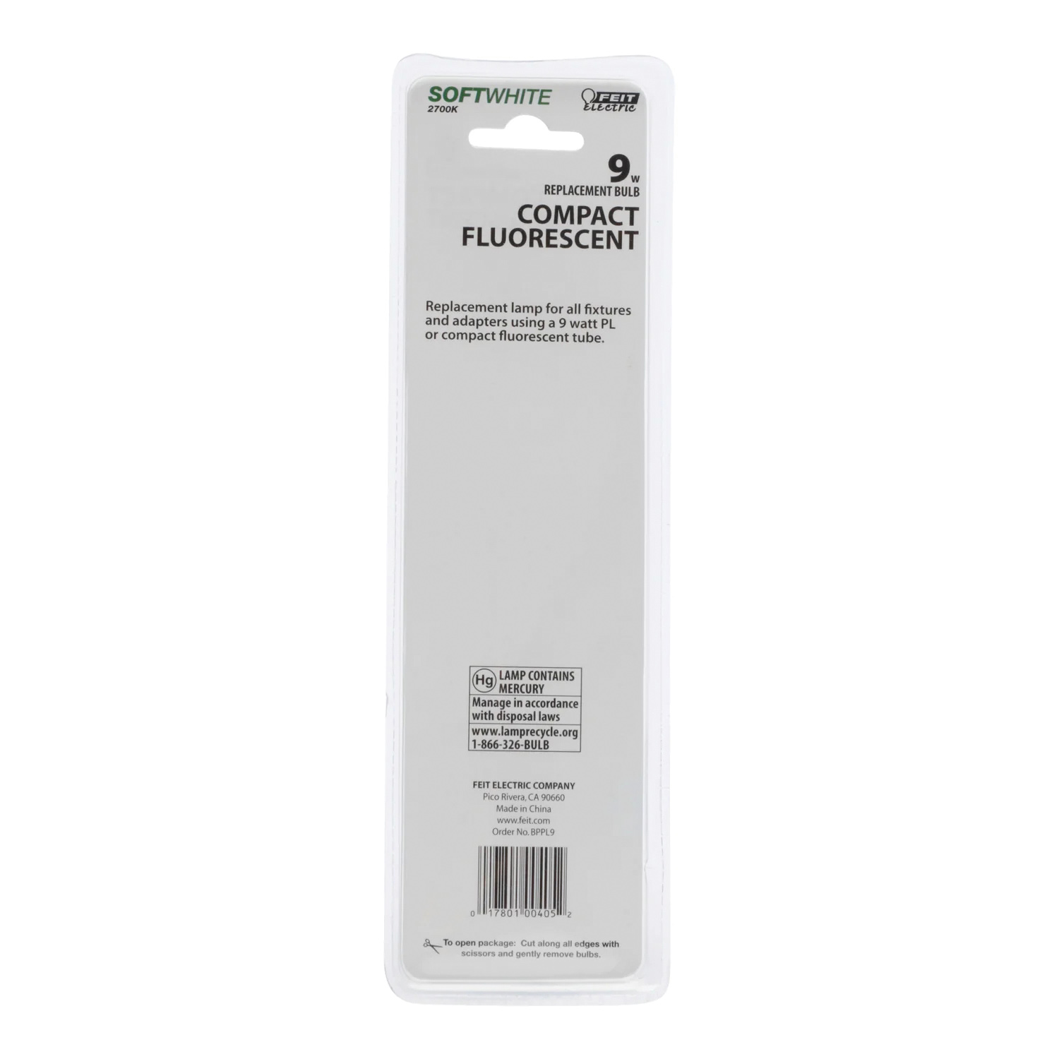 Feit Electric BPPL9 Compact Fluorescent Bulb, 9 W, PL Lamp, G23 Lamp Base, 560 Lumens, 2700 K Color Temp