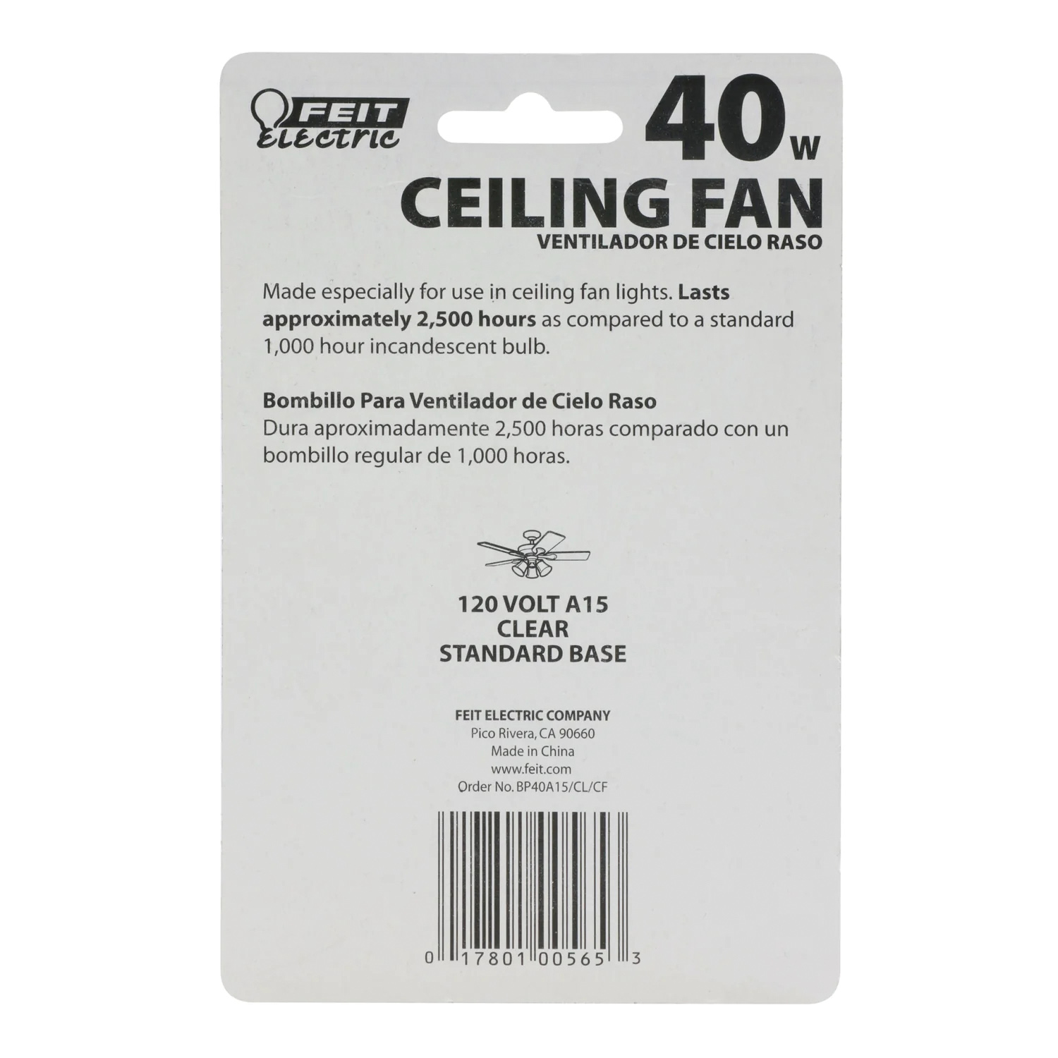 Feit Electric BP40A15/CL/CF Incandescent Lamp, Clear Lamp, 1.87 in D x 3.5 in H Dimensions, 40 W, A15 Lamp, 280 Lumens