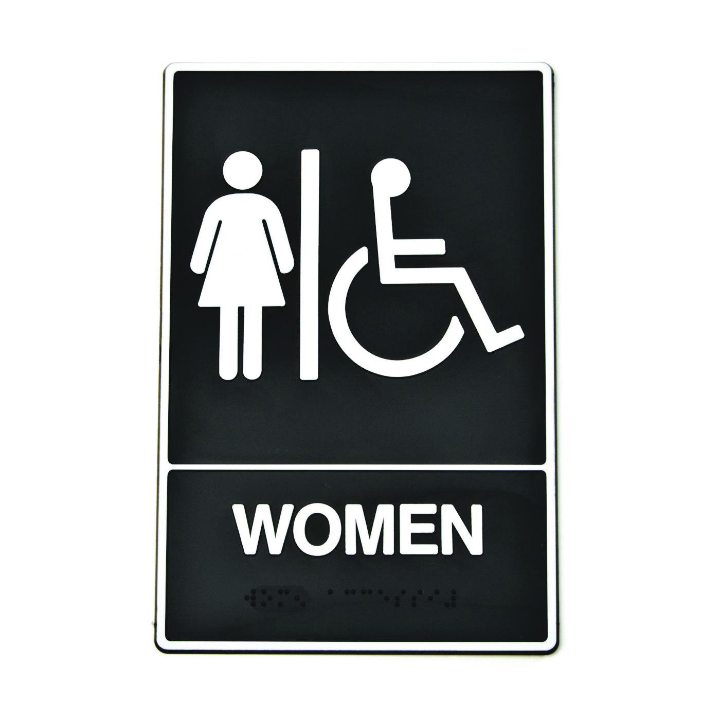 DB-2 Graphic Sign, Rectangular, WOMEN, White Legend, Black Background, Plastic, 6 in W x 9 in H Dimensions