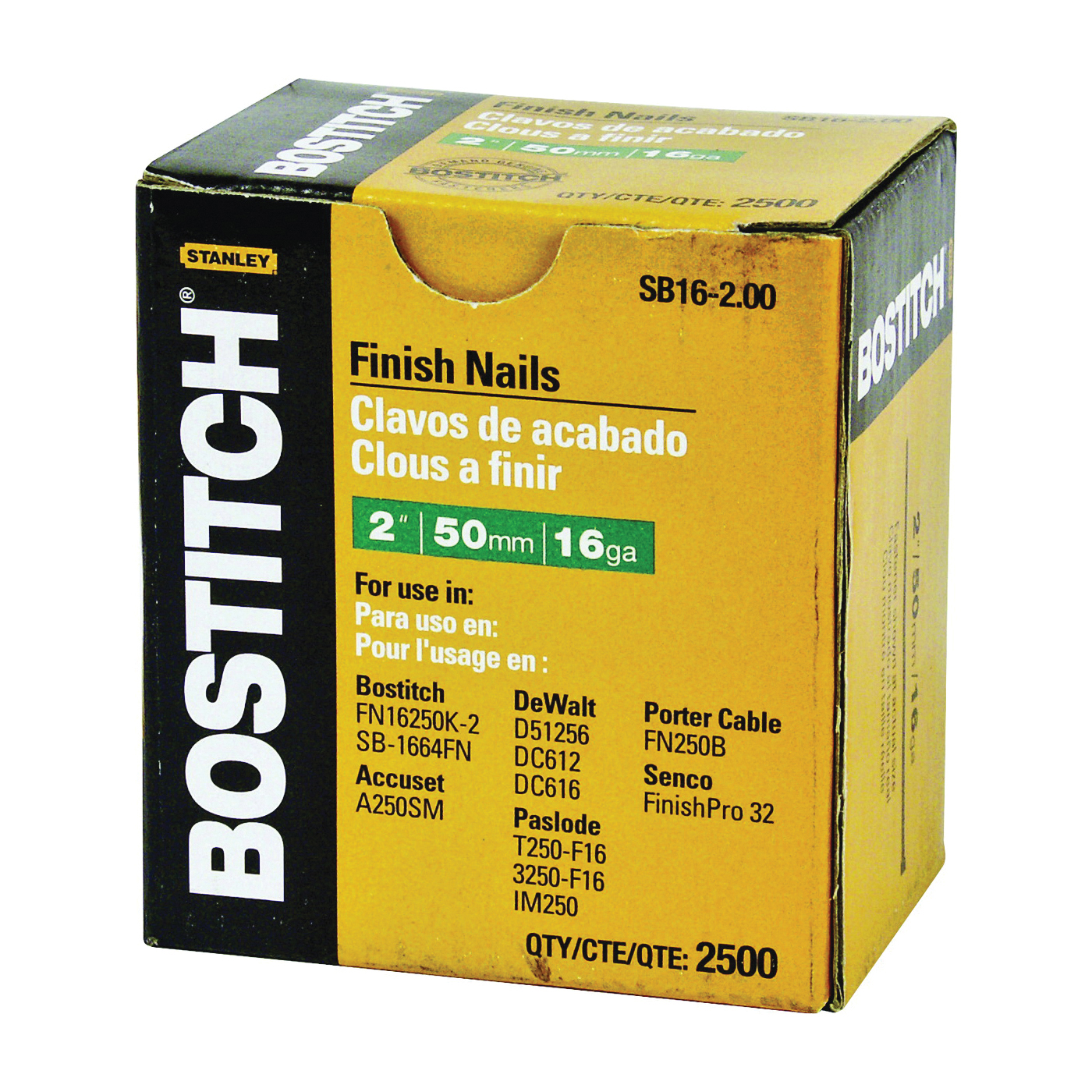 SB16-200 Finish Nail, 2 in L, 16 Gauge, Steel, Coated, Smooth Shank, 2,500 Count, Straight