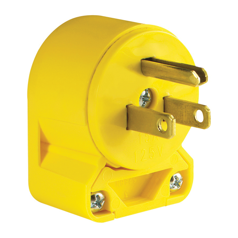 Wiring Devices 4867AN-BOX Electrical Plug, Angled, 1/4 to 21/32 in, 2-Pole, 15 A, 125 V, NEMA: NEMA 5-15, Yellow